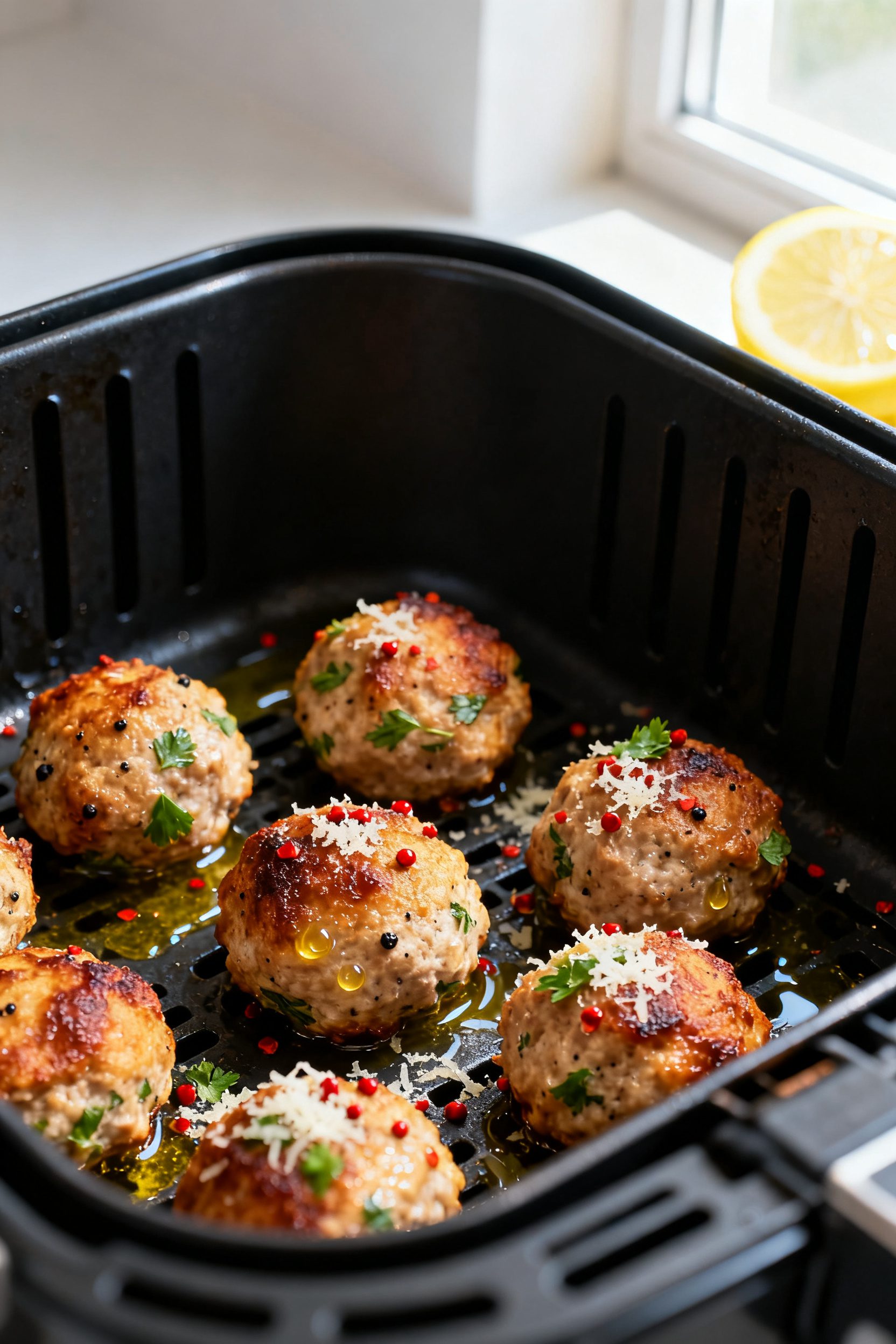 Close-up detail: Golden-brown air-fried turkey meatballs just out of the basket, crisp caramelized e