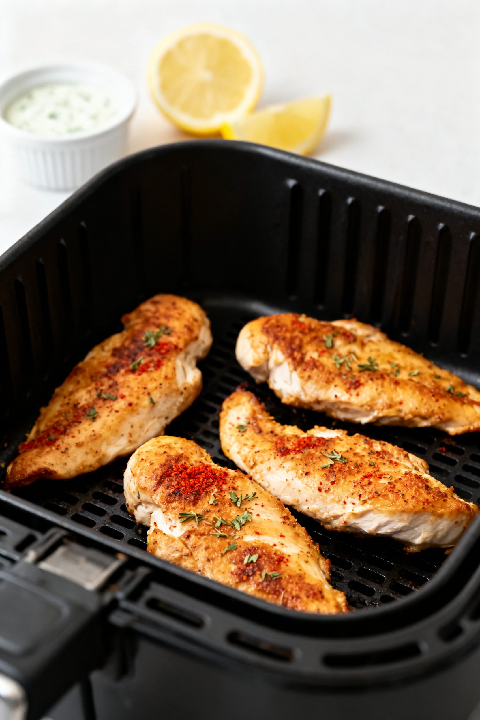 Close-up detail: Golden-brown air fryer chicken breast strips just finished cooking in the preheated