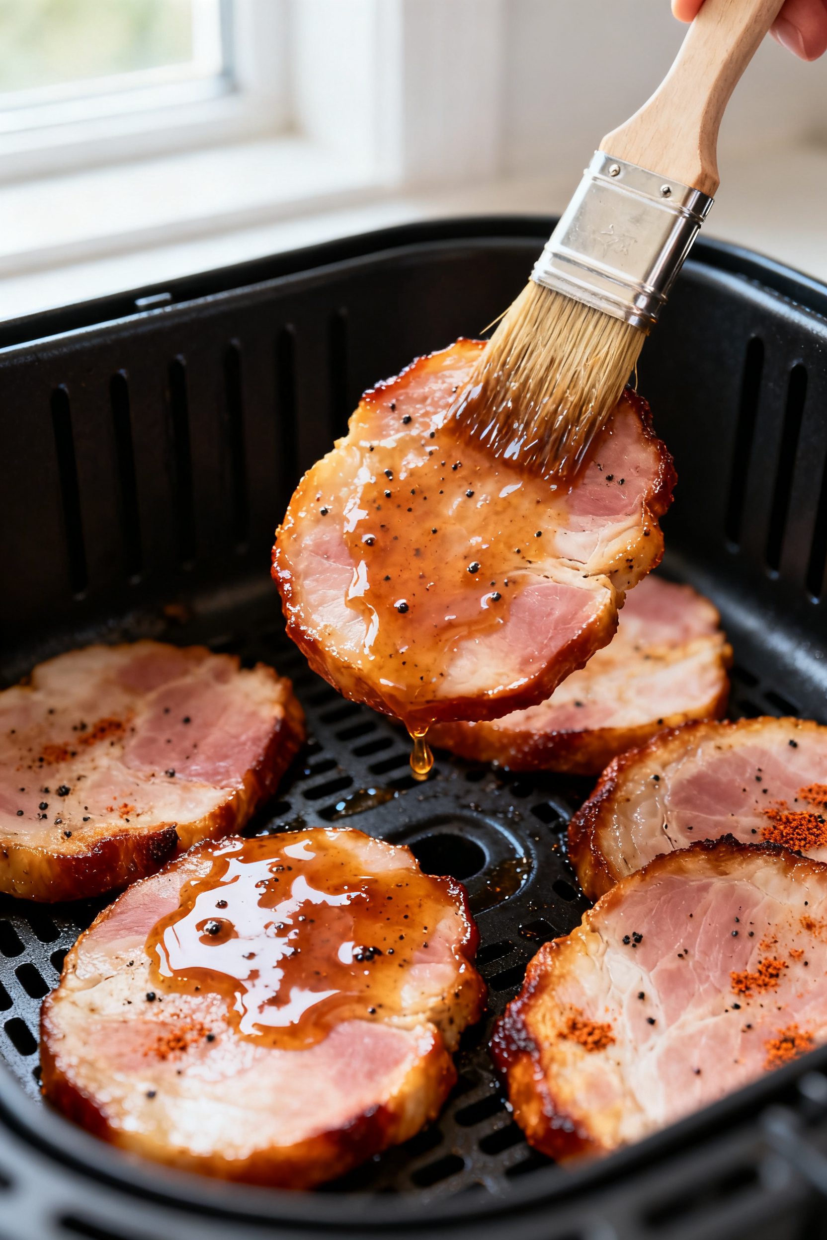 Close-up detail: Golden-brown air fryer ham slices just flipped mid-cook in the air fryer basket at