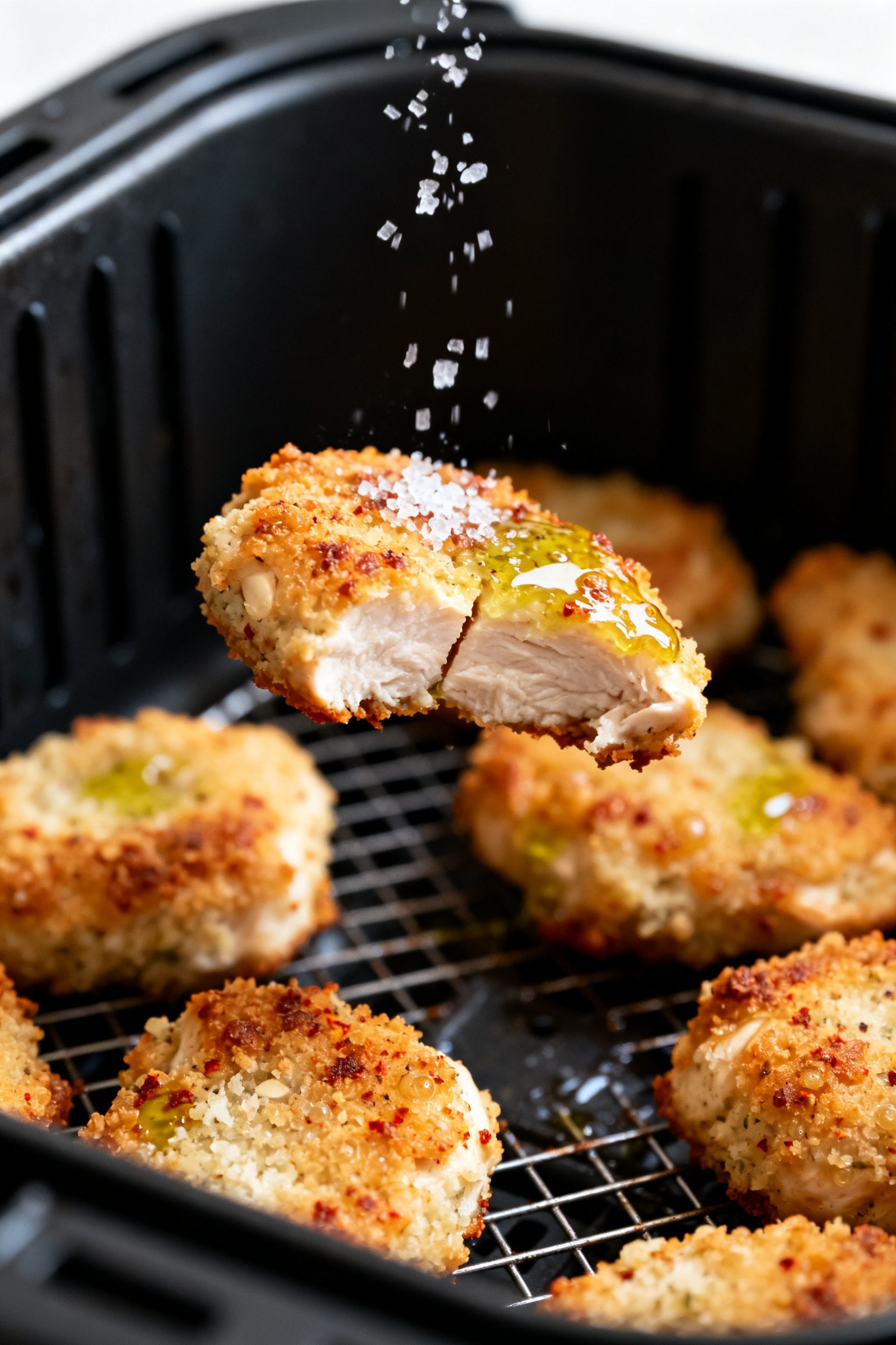 Close-up detail: Golden-brown air fryer keto chicken bites fresh from the basket, sizzling and glist
