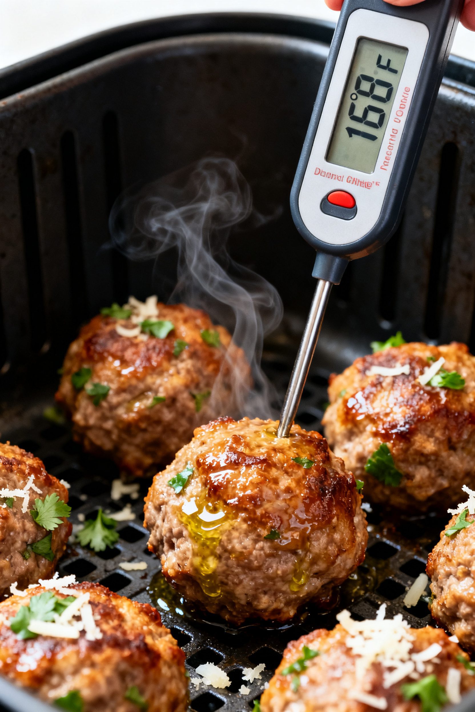 Close-up detail: Golden-brown air fryer pork meatballs just out of the basket, glistening with a lig