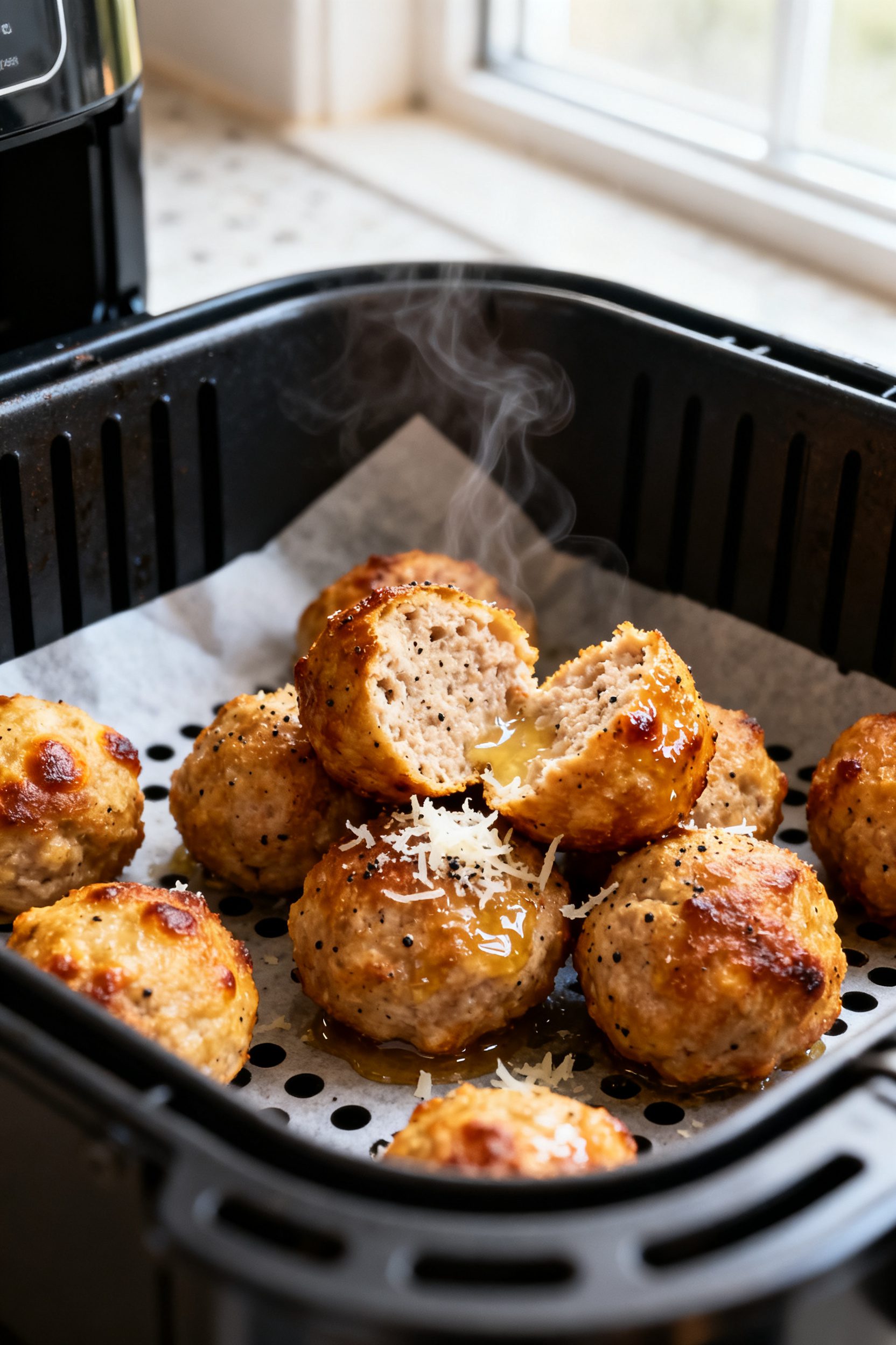 Close-up detail: Golden-browned air-fried meatballs just out of the basket, crisp edges with tiny bl
