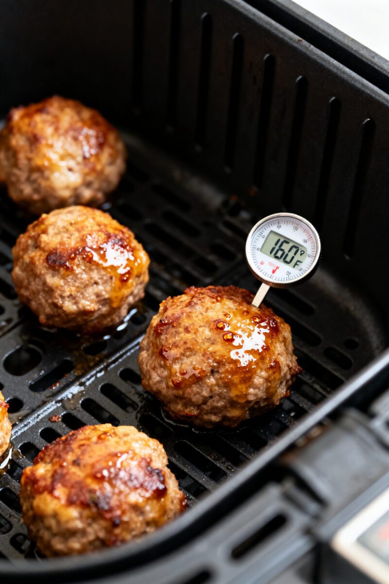 Close-up detail: Golden-browned air fryer carnivore meatballs fresh from the basket, glistening with