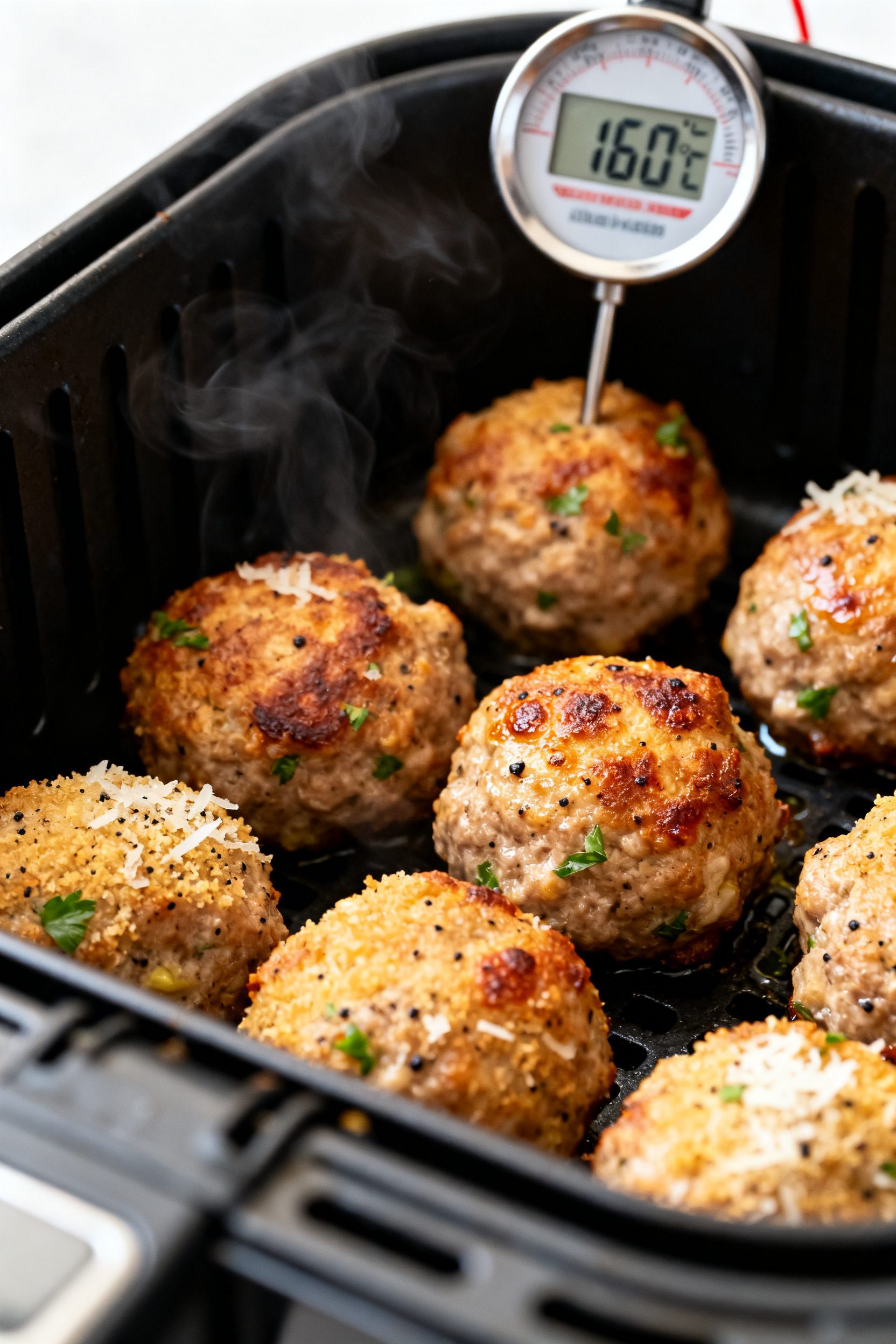 Close-up detail: Golden-browned air fryer keto meatballs just finished cooking in a preheated air fr