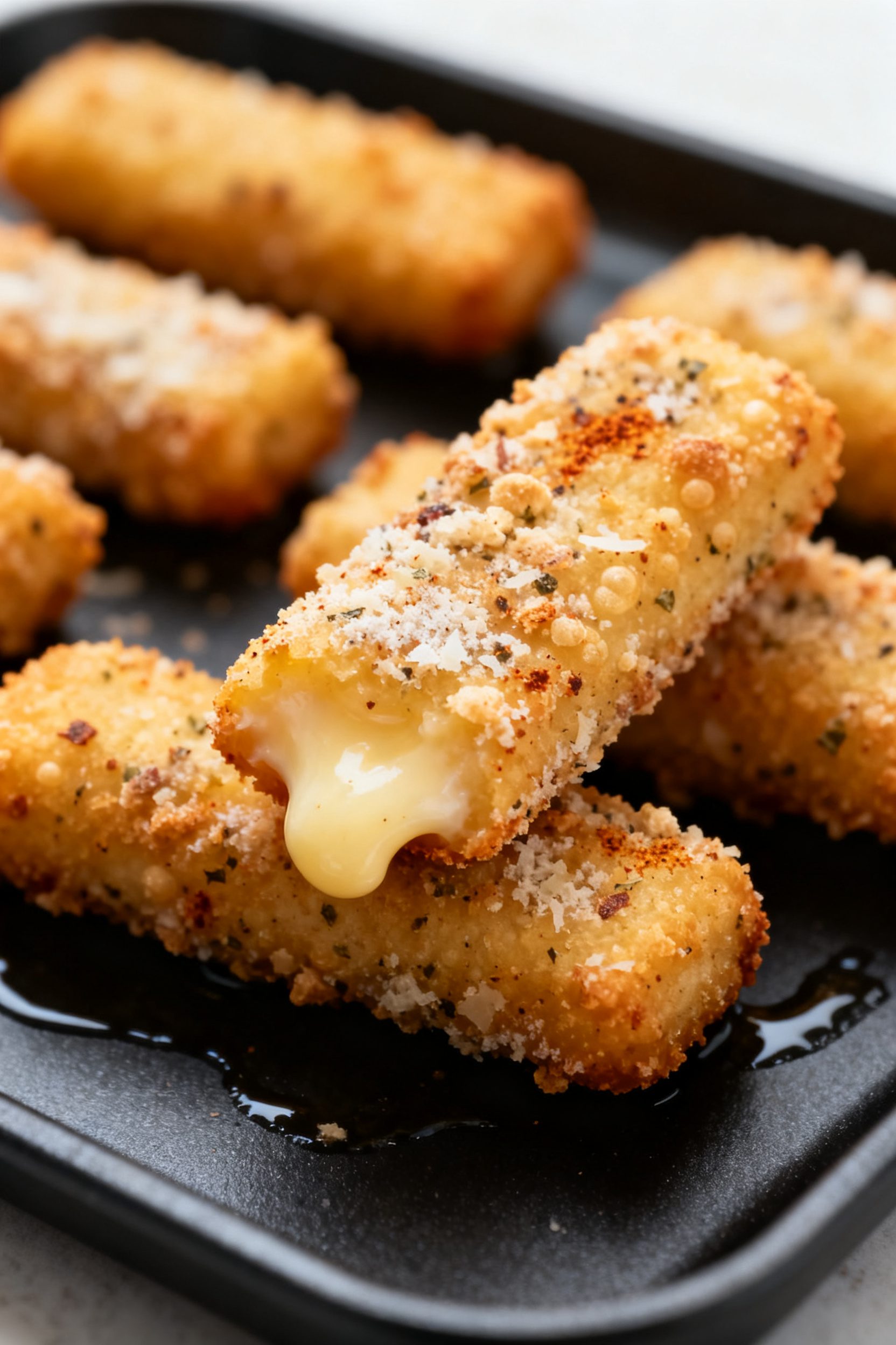 Close-up detail: Golden, low-carb mozzarella sticks just out of the air fryer, crusted with a speckl
