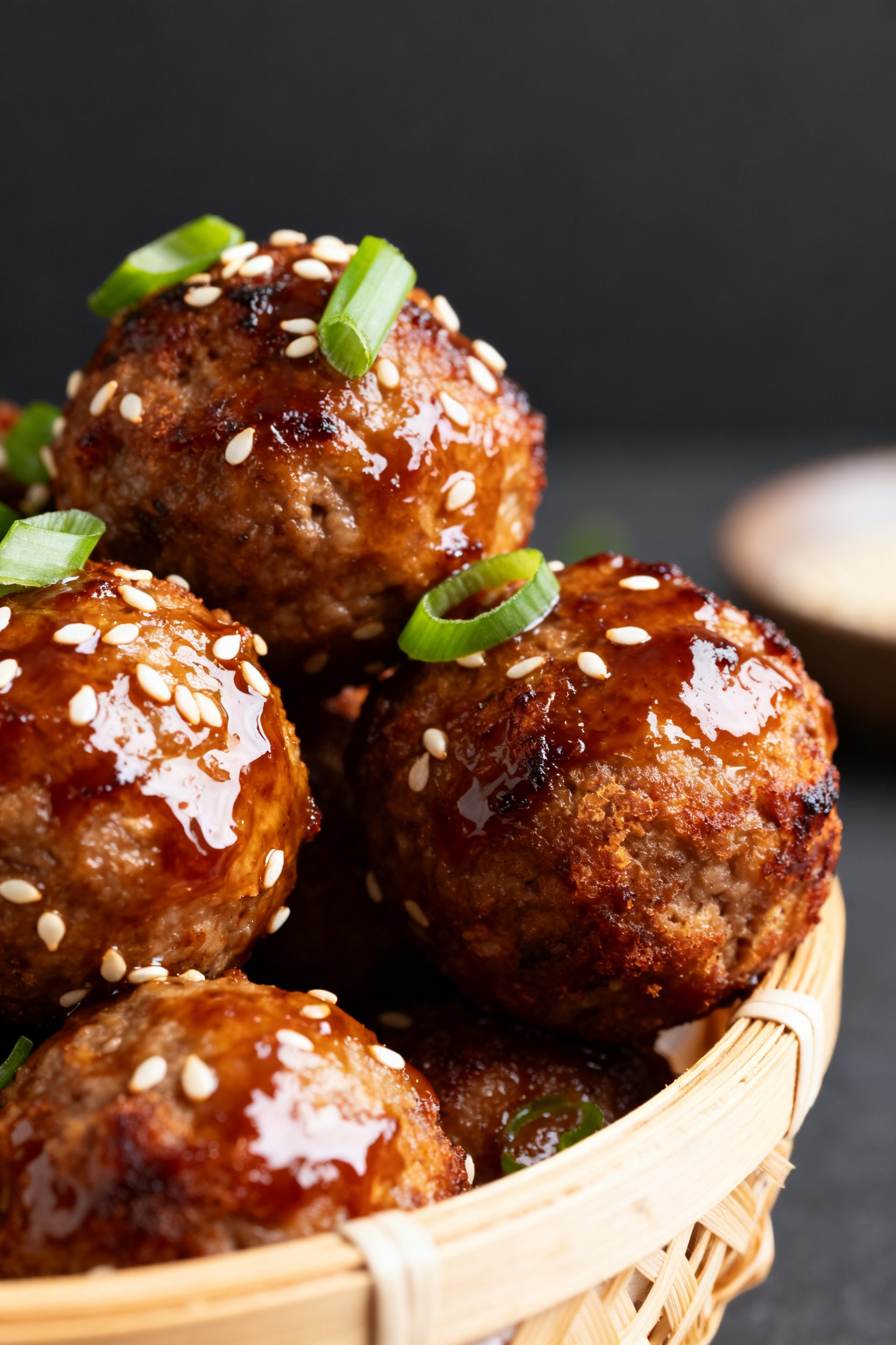 Close-up detail: Juicy air-fried Asian meatballs just out of the basket, glistening with a glossy so