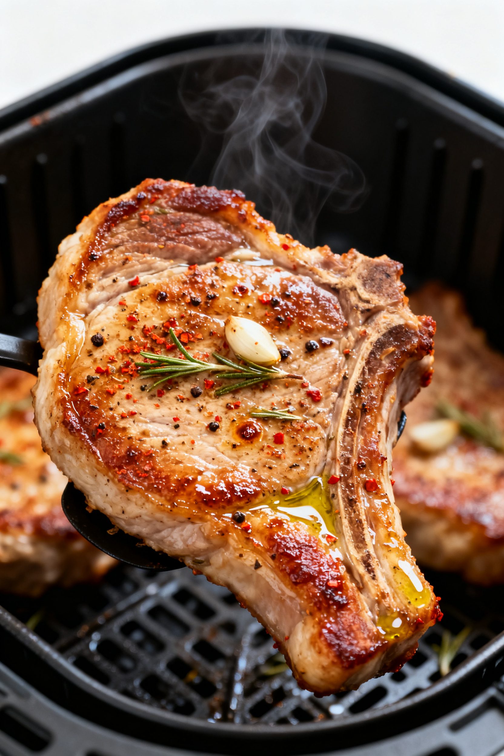 Close-up detail: Juicy air-fried pork chop just out of the basket, golden-brown crust with visible p
