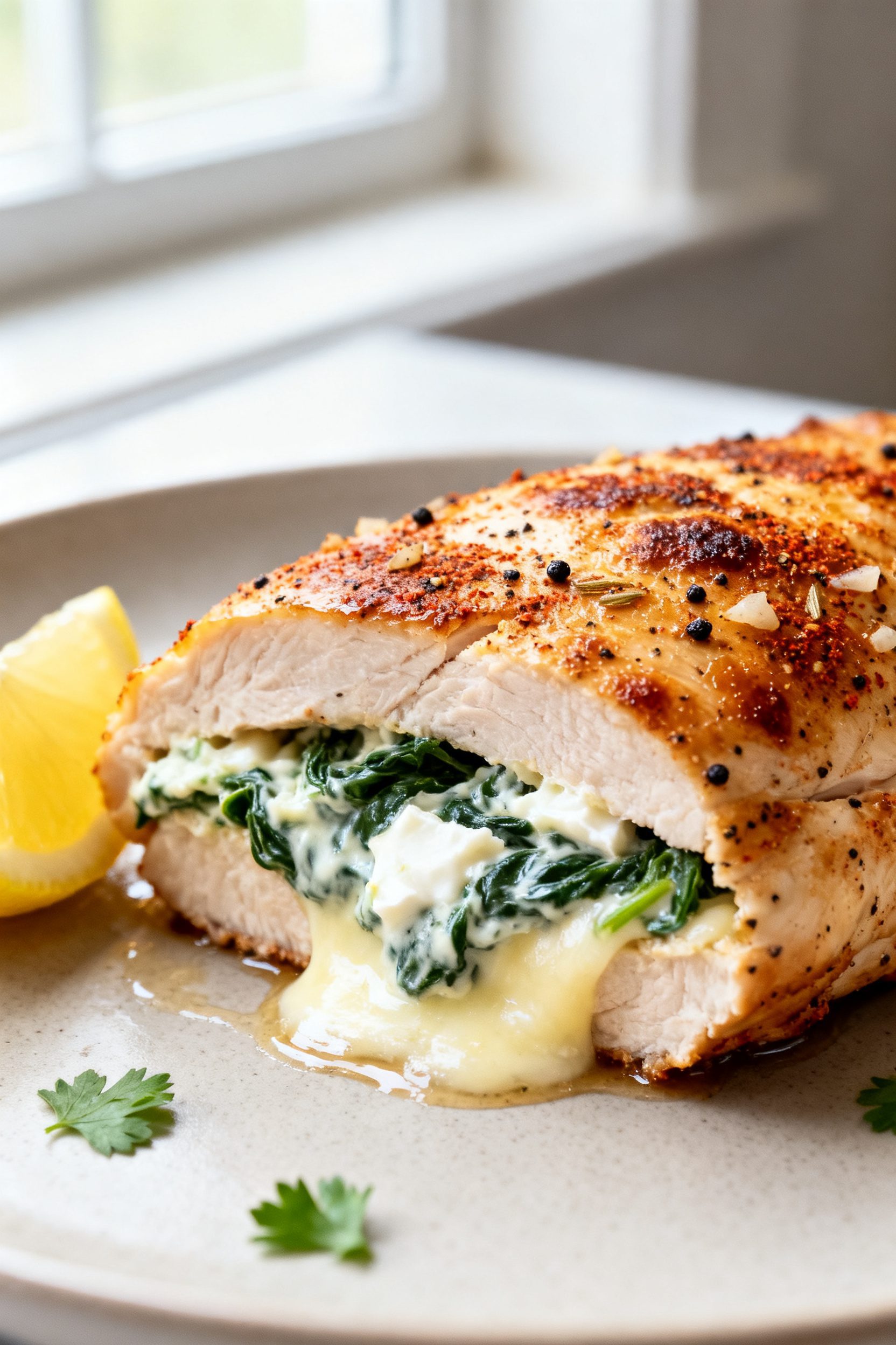 Close-up detail: Juicy air-fried stuffed chicken breast just sliced open to reveal a creamy spinach,
