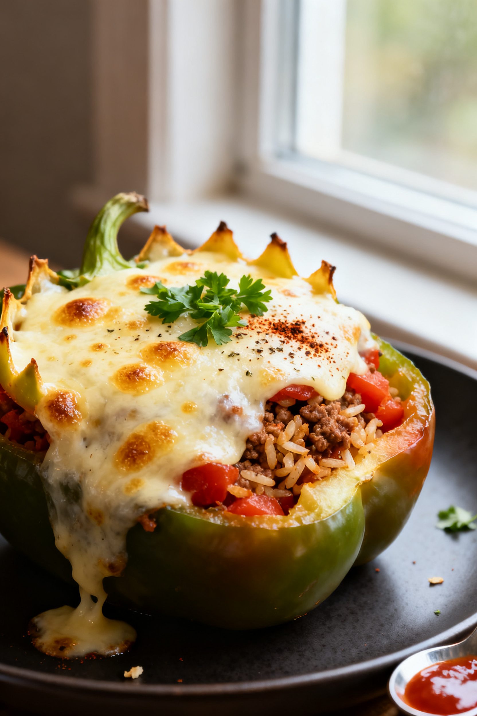 Close-up detail: Melted cheese crown on finished air fryer stuffed bell pepper, cheese bubbly with a