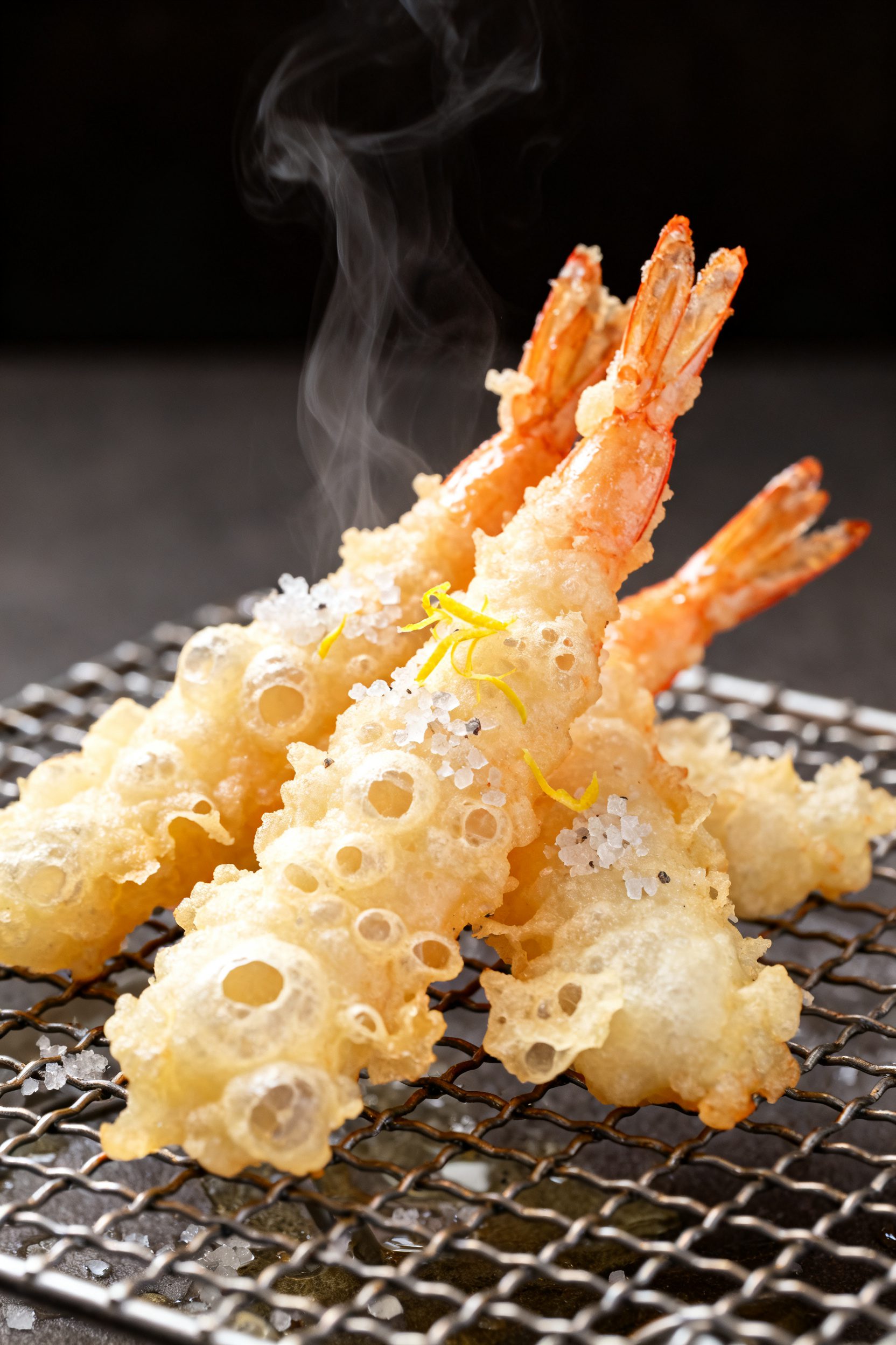 Close-up detail of air-fried tempura shrimp just out of the basket, ultra-crisp, pale golden batter 
