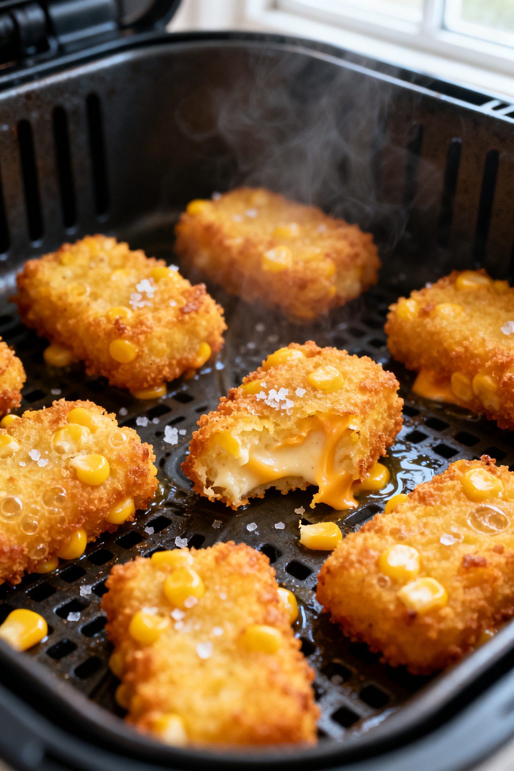 Close-up detail of freshly air-fried corn nuggets just after flipping: deep golden, ultra-crisp crus