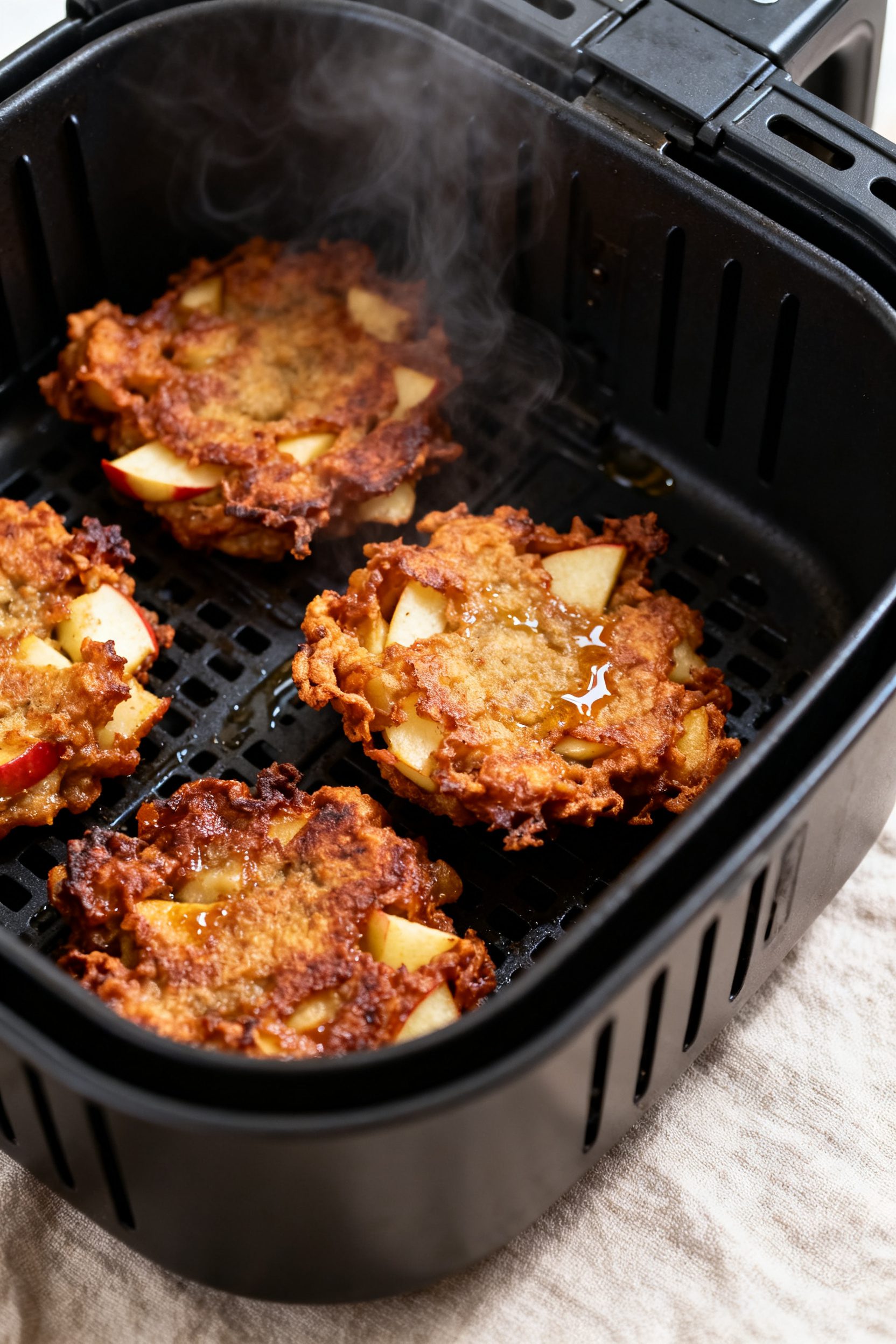 Close-up detail of freshly air-fried gluten free apple fritters just out of the basket, deep golden-