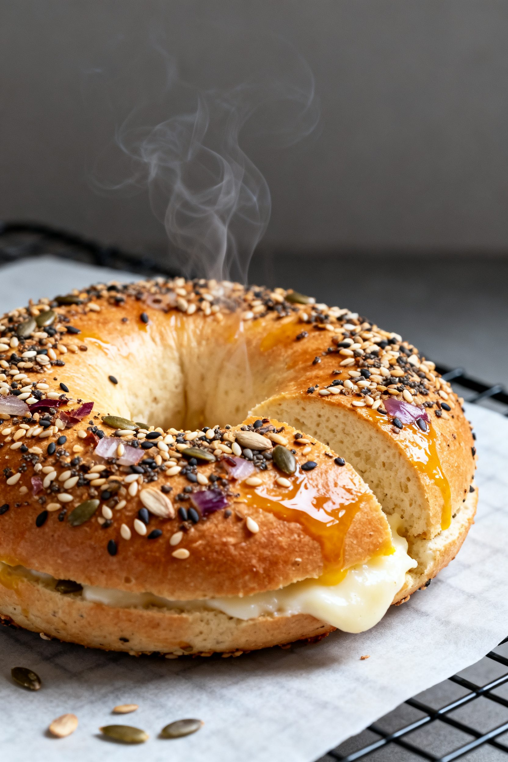 Close-up detail shot: A freshly air-fried keto bagel just out of the basket, golden-brown with a glo