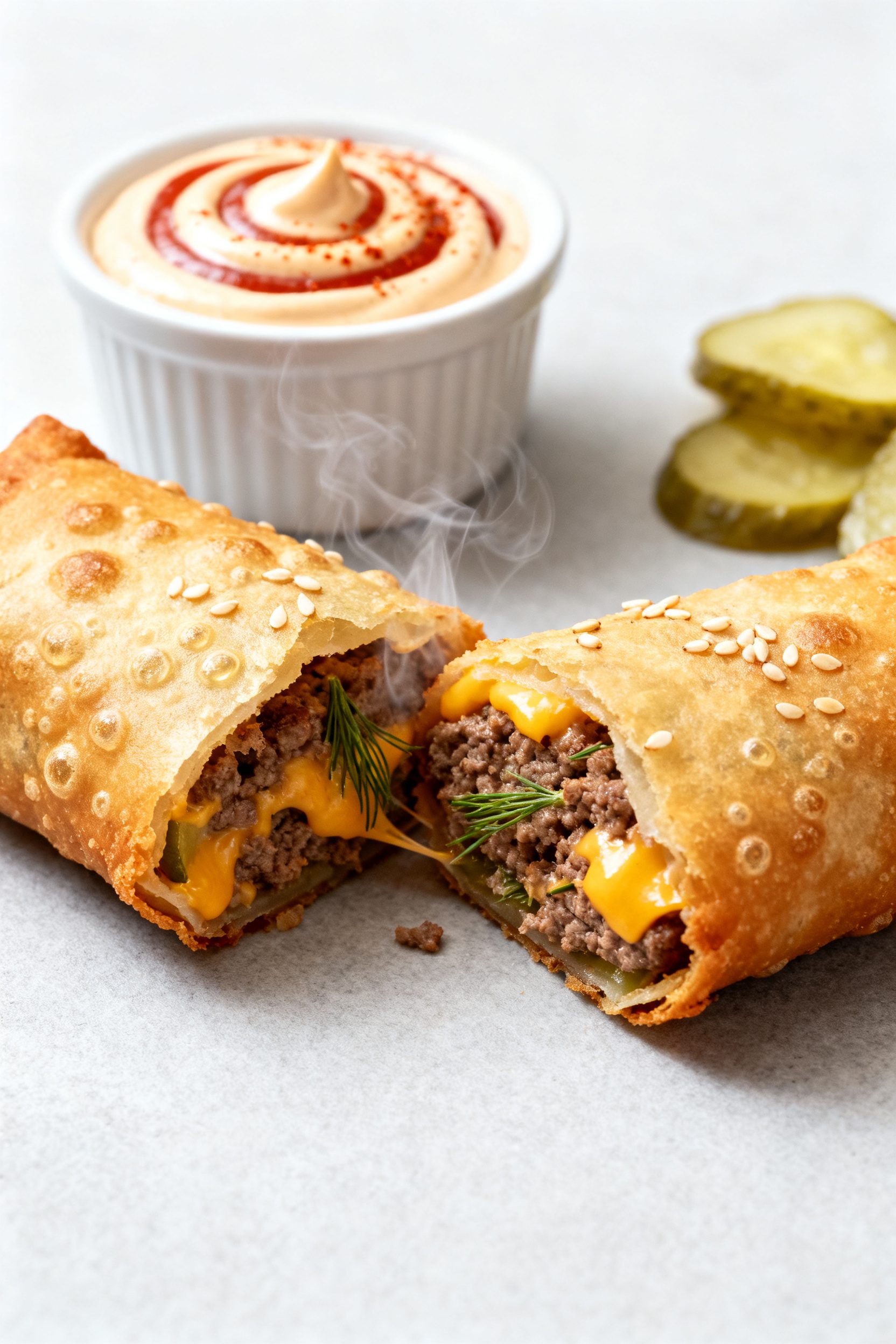 Close-up detail shot: A just-air-fried cheeseburger egg roll, split open to reveal juicy ground beef