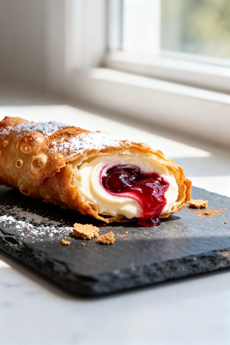 Close-up detail shot: A just-air-fried cherry cheesecake egg roll split open on a slate board, showi