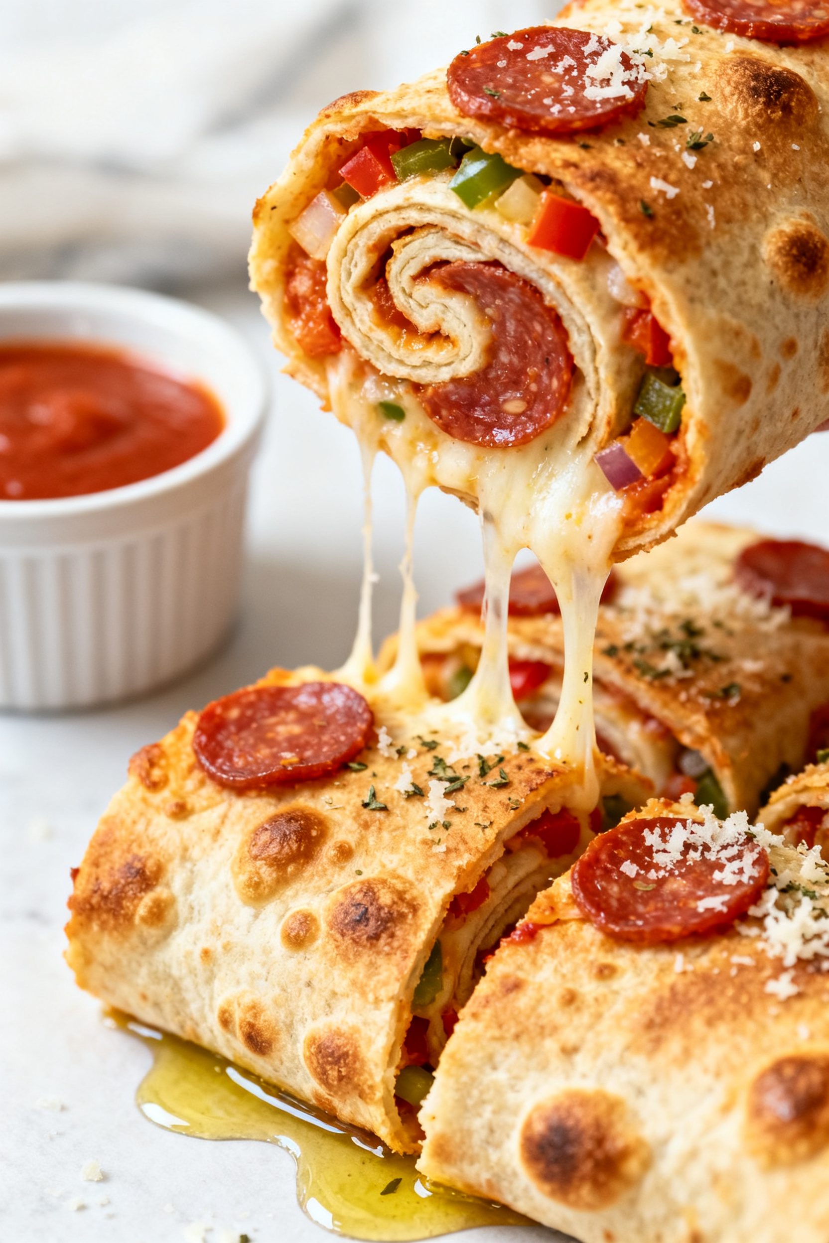 Close-up detail shot: A just-air-fried pizza tortilla roll sliced into bite-size pieces, golden blis