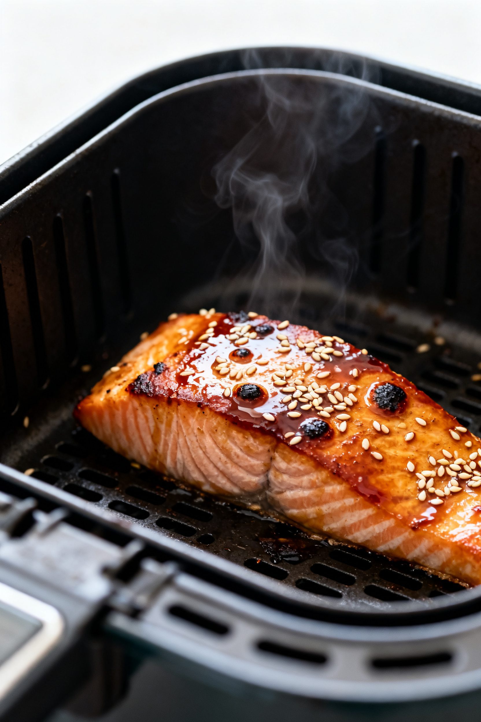 Close-up detail shot: Air-fried Asian salmon fillet just finished cooking in the basket, edges light