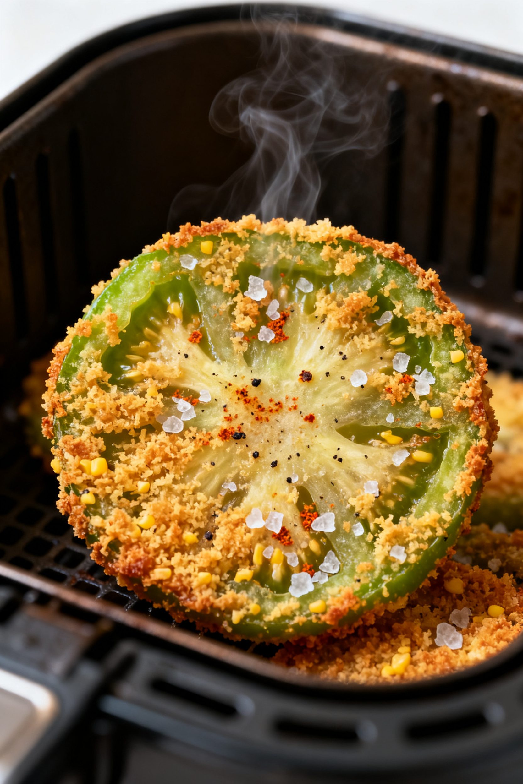 Close-up detail shot: Air-fried green tomato slice just out of the basket, crust deep golden with vi