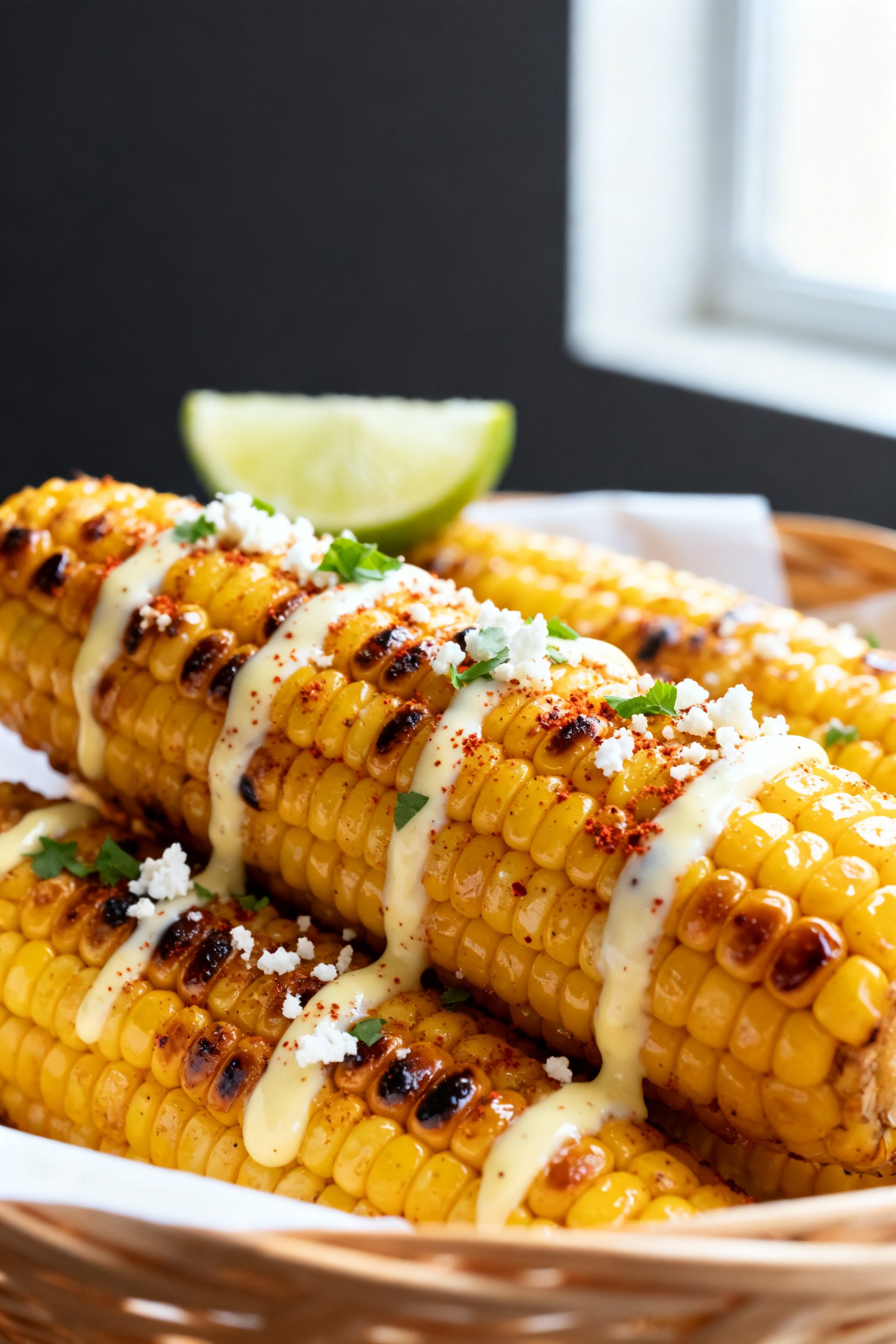 Close-up detail shot: Air-fried Mexican street corn just out of the basket, kernels blistered and li