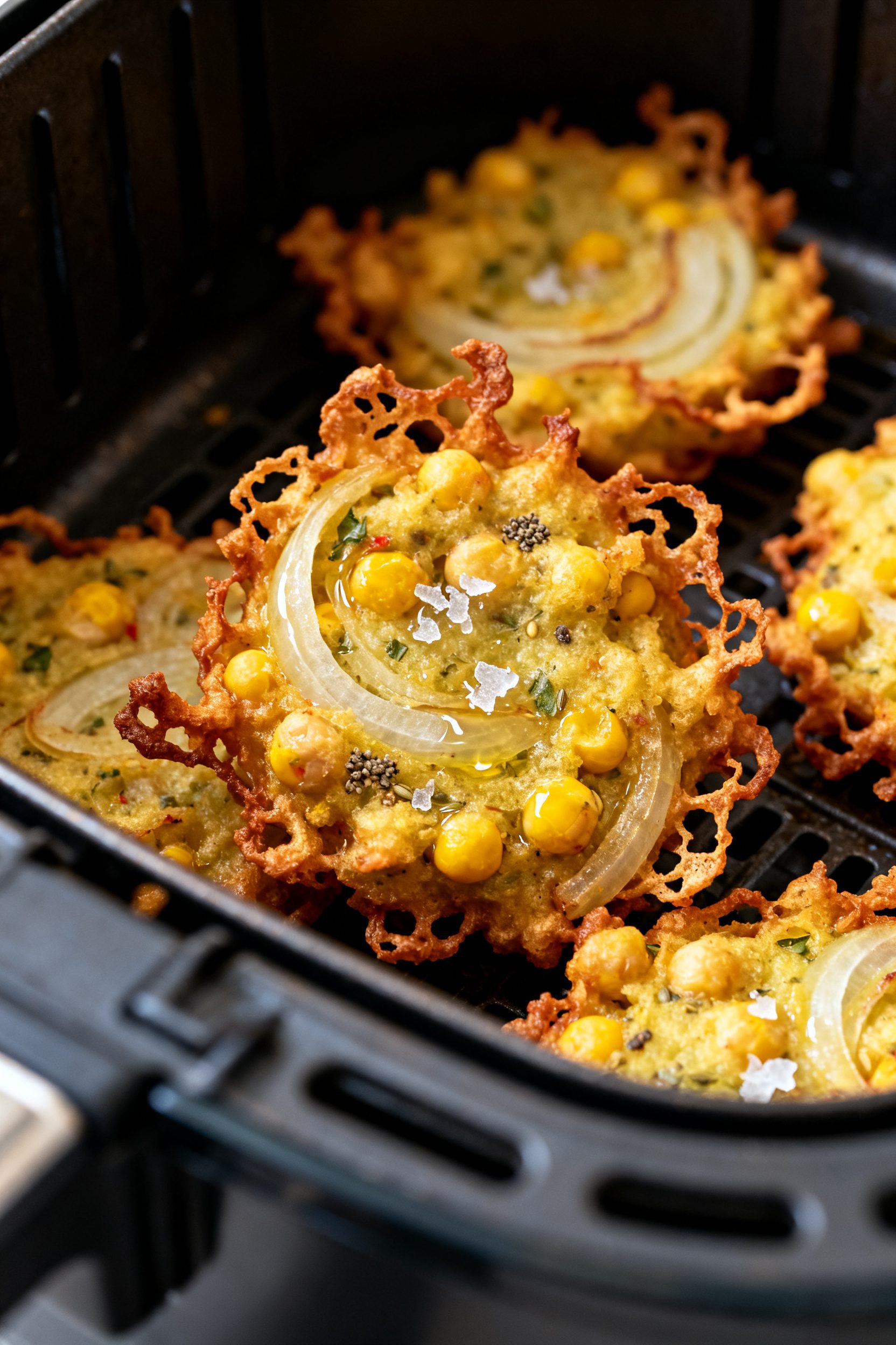 Close-up detail shot: Air-fried onion fritters just out of the basket, golden-brown and craggy with 