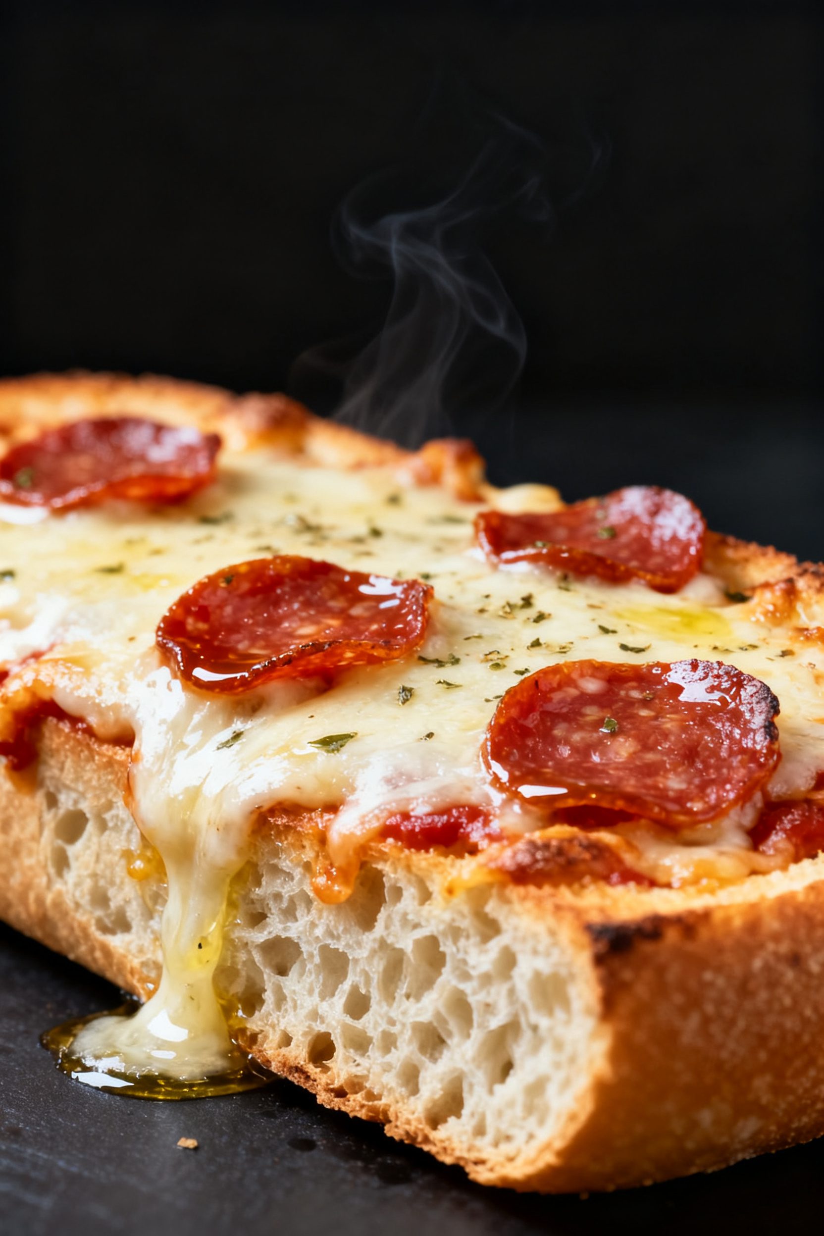 Close-up detail shot: Air fryer French bread pizza just out of the basket at 350°F, cheese melted a