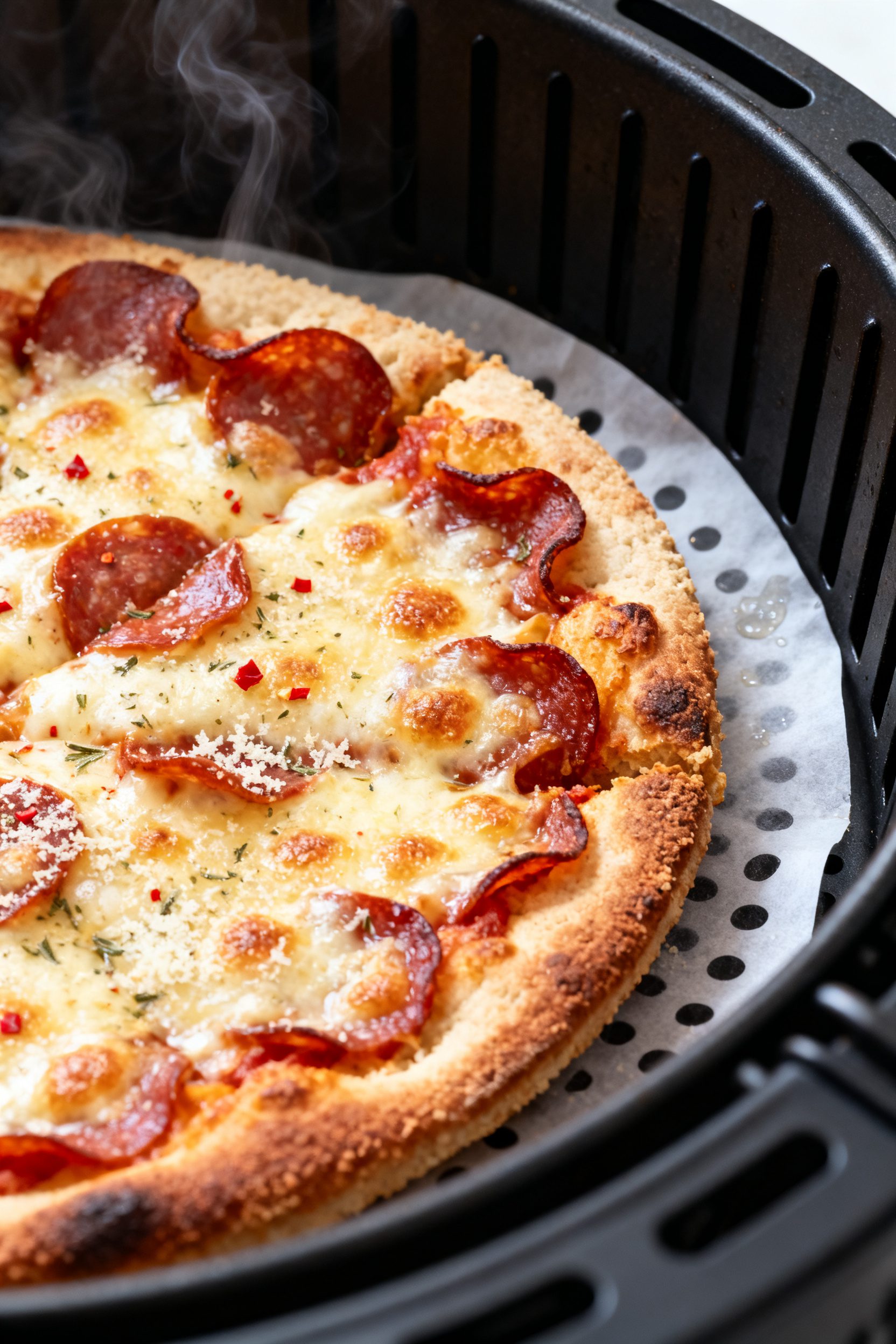Close-up detail shot: Air fryer low-carb pizza just finished cooking in the basket at 375°F—chees