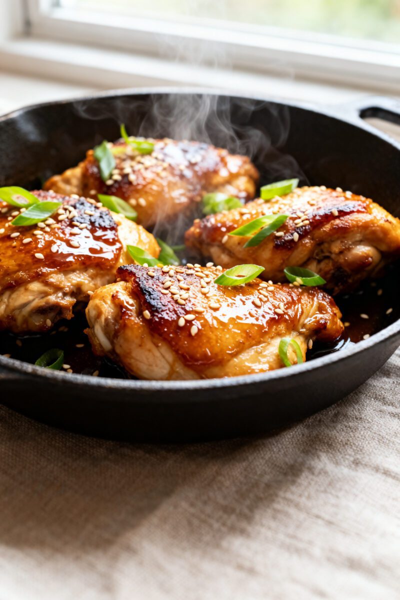 Close-up detail shot: Glazed air-fried chicken thigh pieces just tossed in a small skillet with the