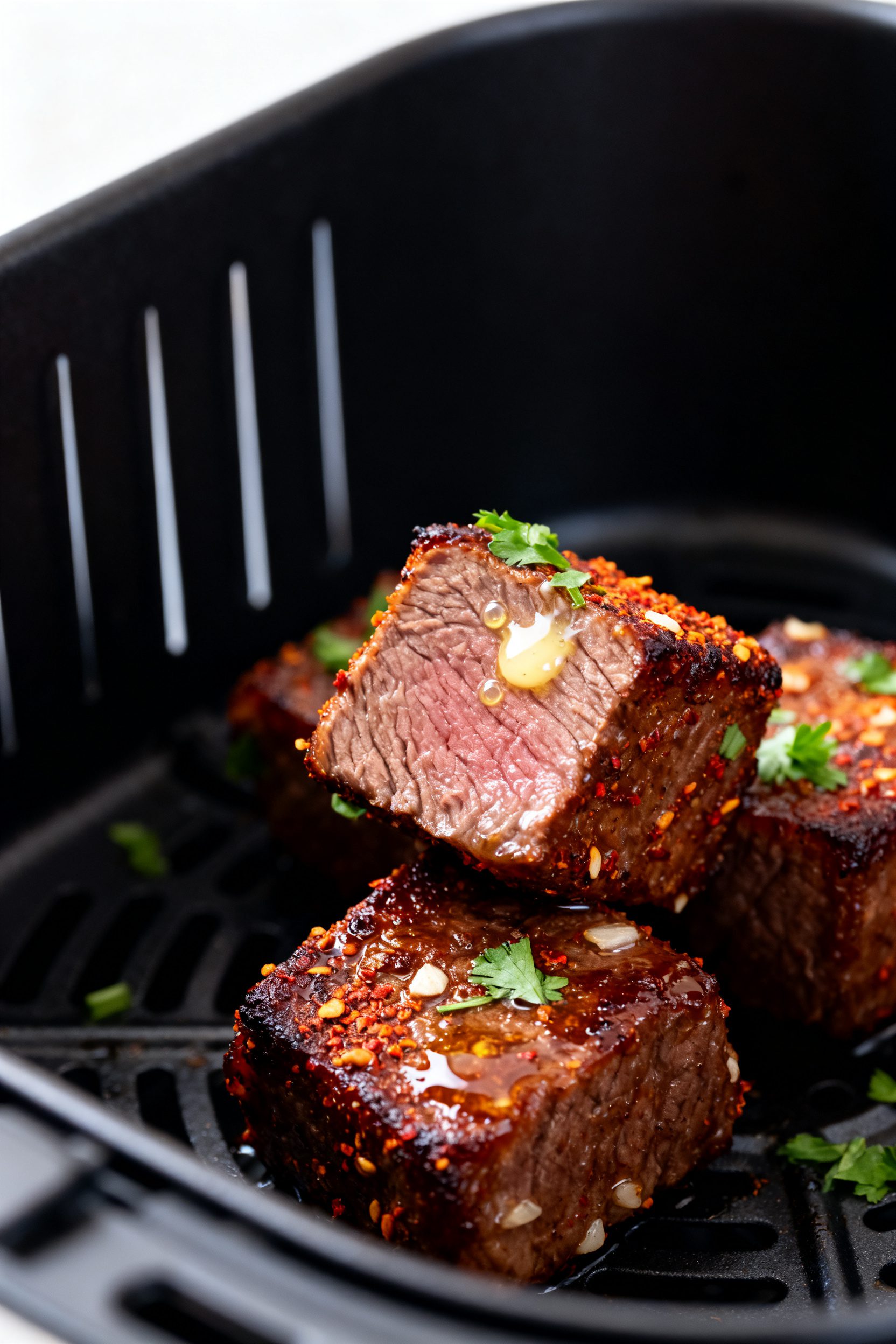 Close-up detail shot: Glazed air fryer beef cubes just out of the basket, edges deeply browned and c