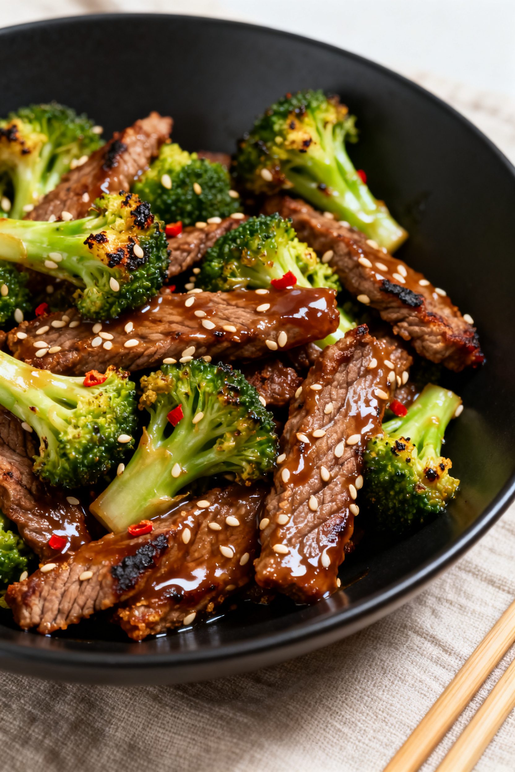 Close-up detail shot: Glossy, air-fried beef slices and crisp-tender broccoli just tossed in a thick