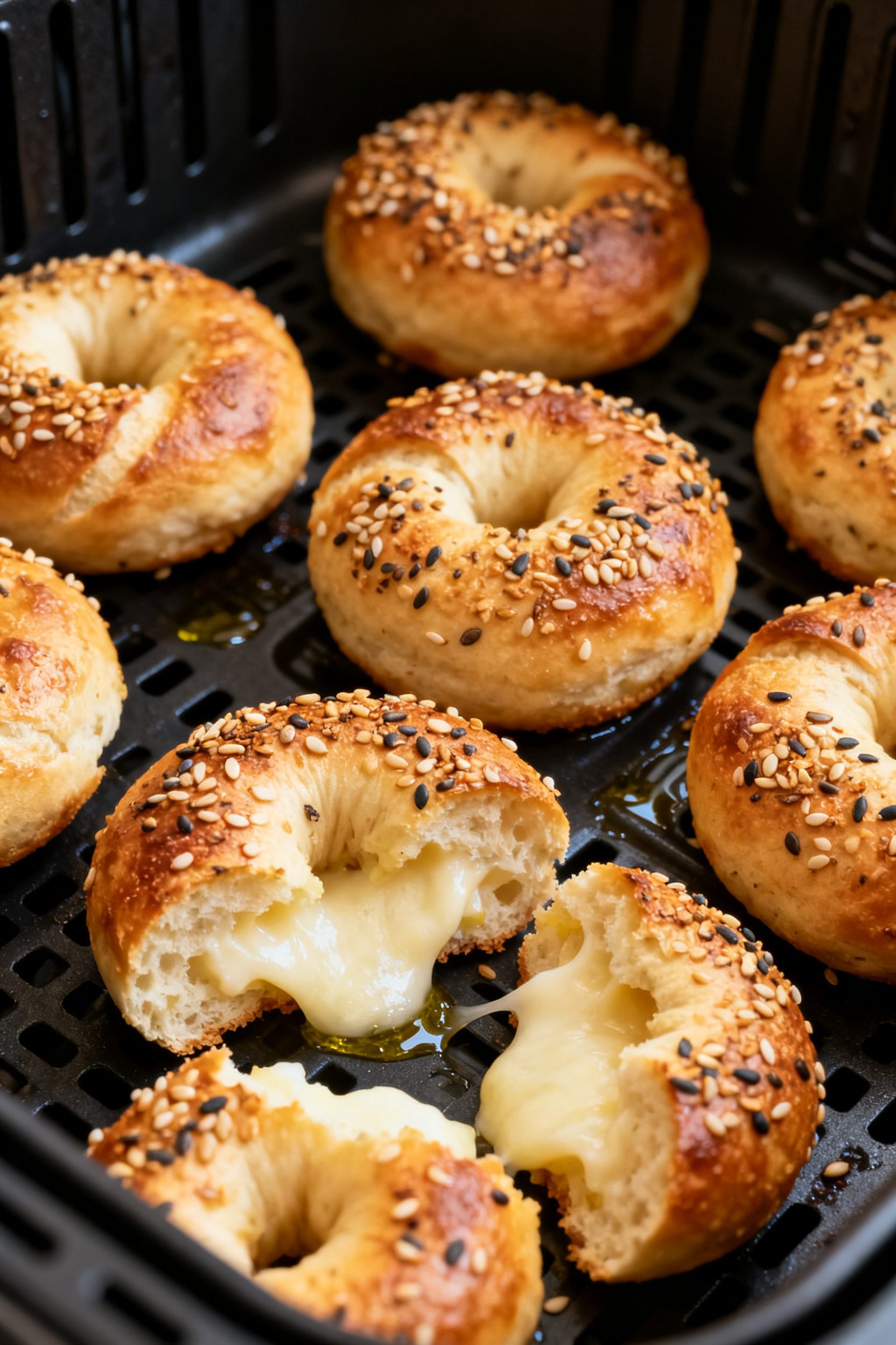 Close-up detail shot: Golden air-fried low carb bagel bites just out of the basket, surfaces blister