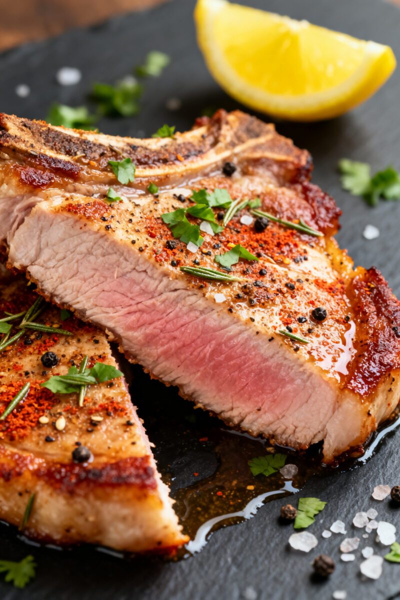 Close-up detail shot: Juicy air-fried pork chop just after resting, sliced to reveal a blush, tender