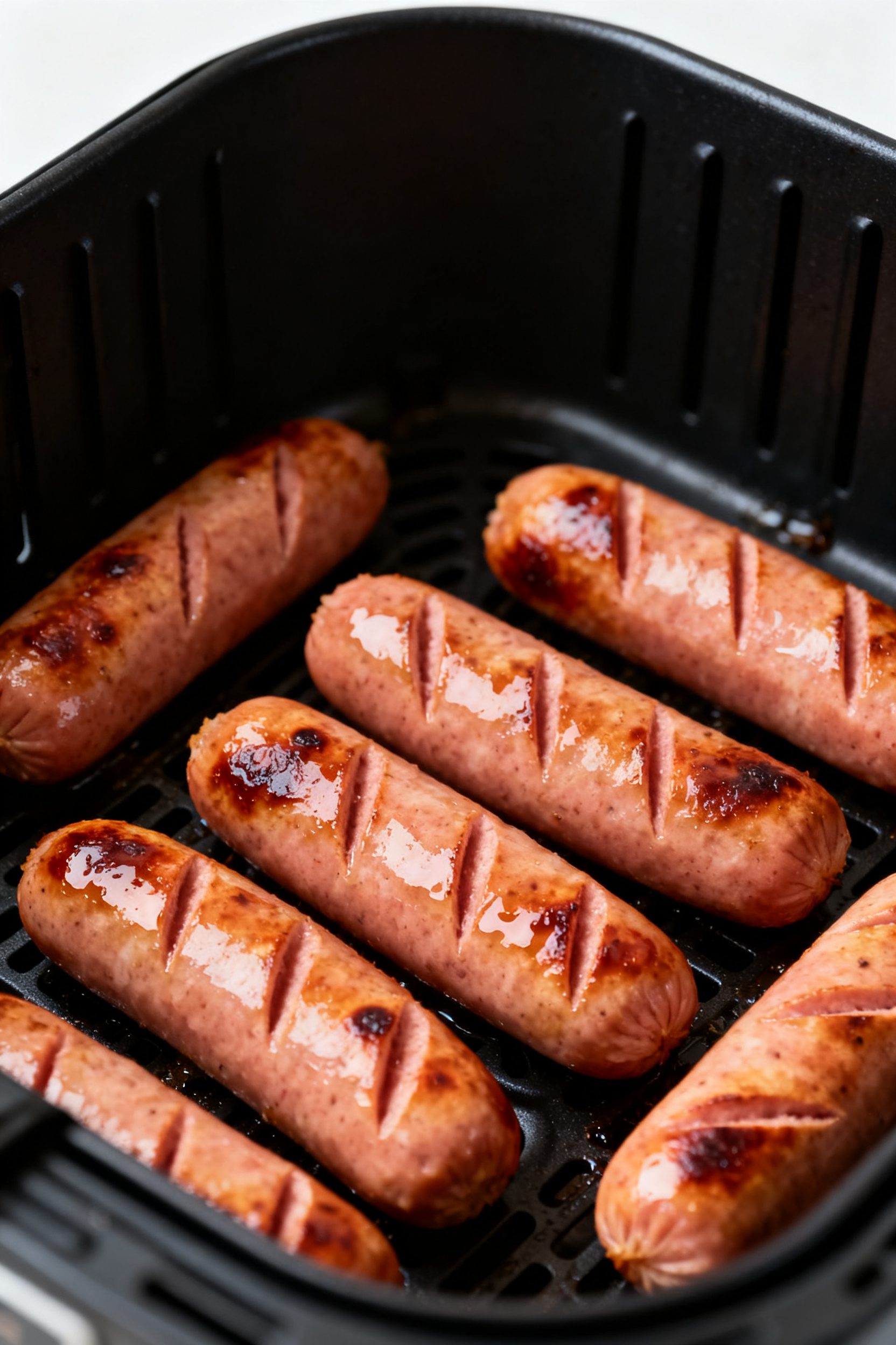 Close-up detail shot: Juicy, fully cooked turkey hot dogs in an air fryer basket at 390°F, skins li