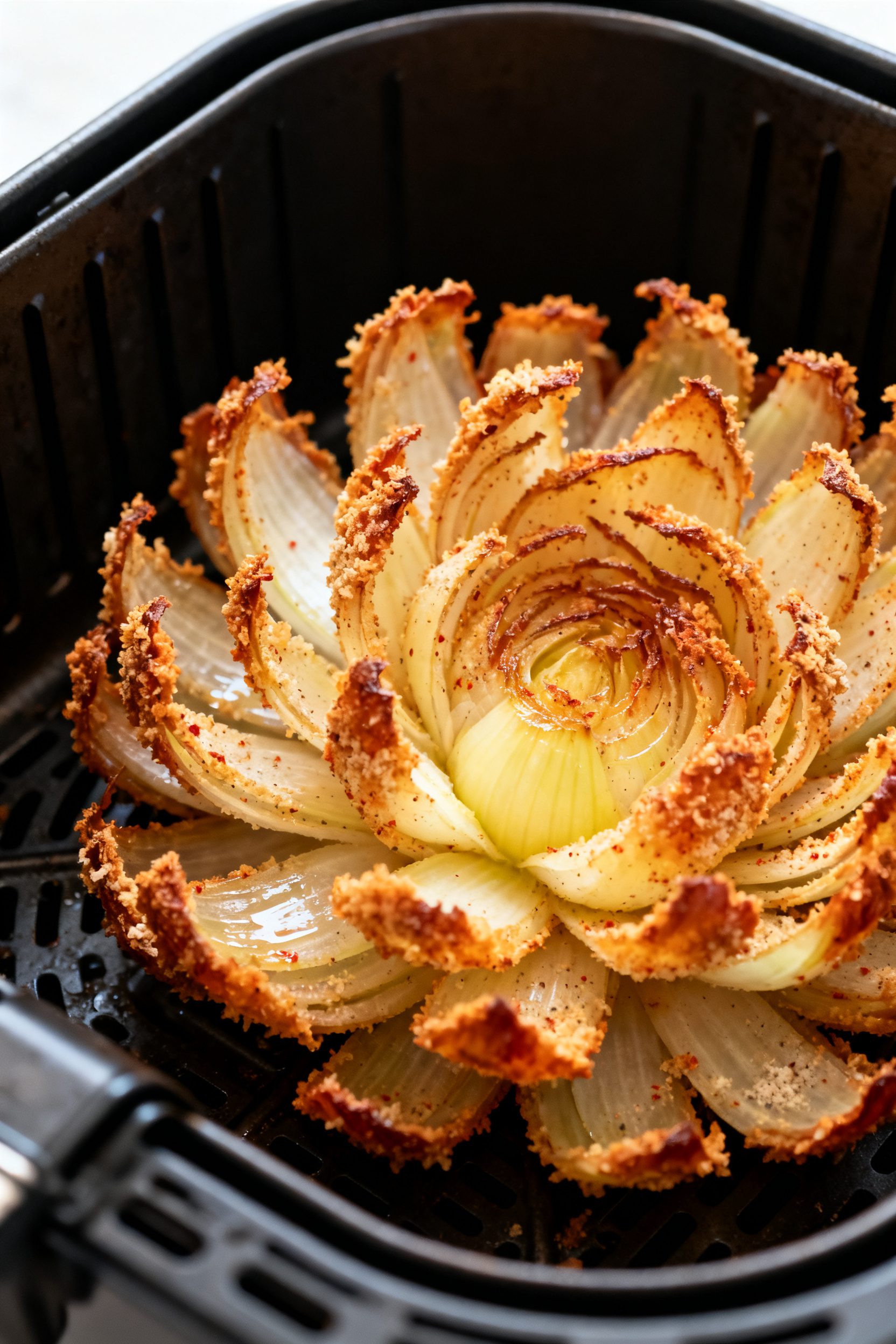 Close-up detail shot of a just-air-fried blooming onion in the basket at the 12–15 minute mark: cr
