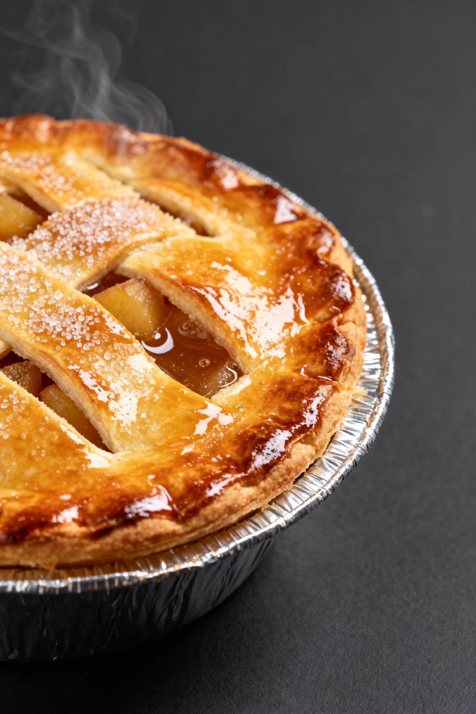 Close-up detail shot of a small air-fried apple pie just out of the basket, crust deeply golden with