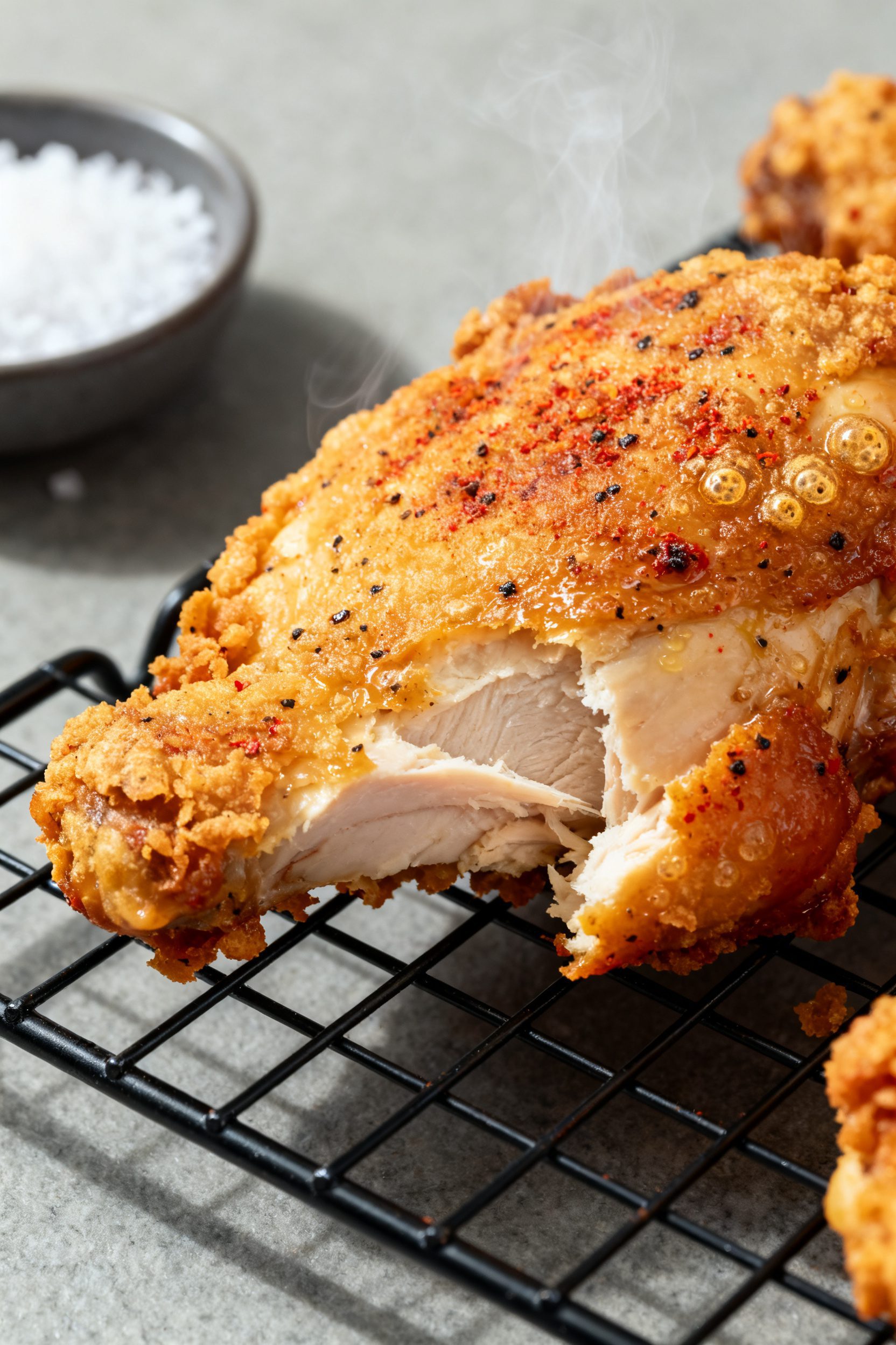 Close-up detail shot of air-fried buttermilk fried chicken thigh fresh from the basket: ultra-crisp,