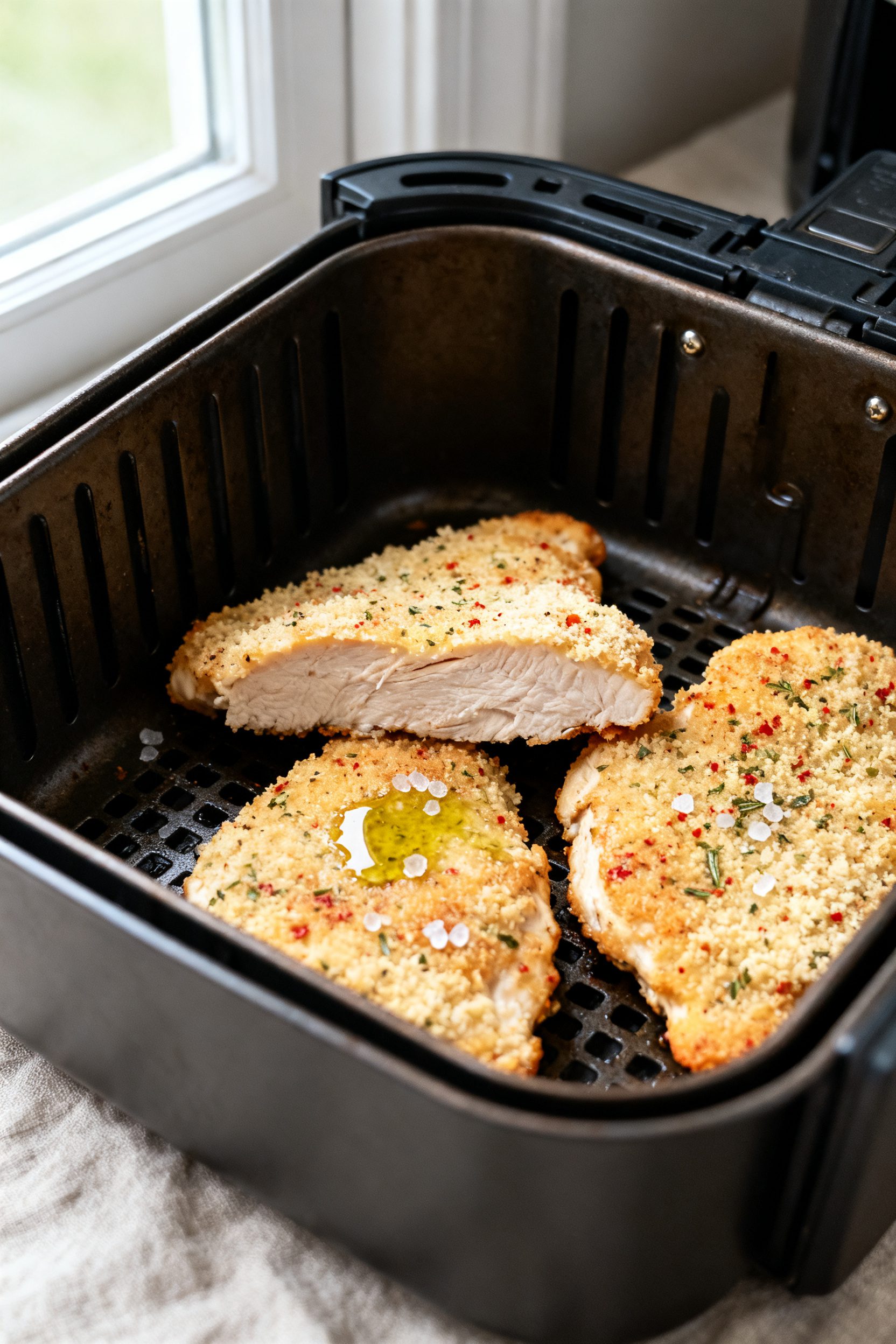 Close-up detail shot of air-fried Italian chicken cutlets just out of the fryer basket at 380°F, go