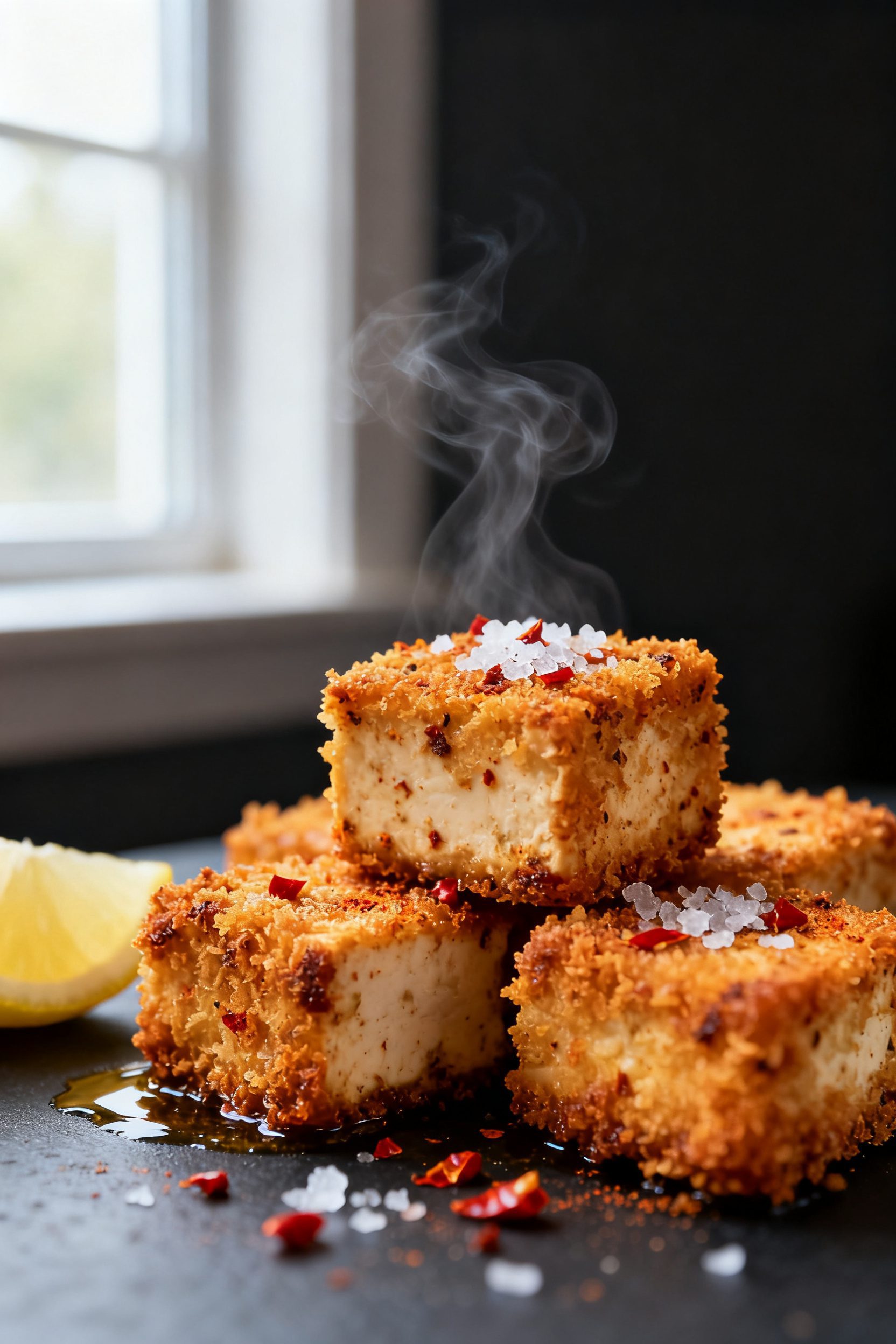 Close-up detail shot of air-fried panko-crusted tofu just out of the air fryer, showing deep golden,