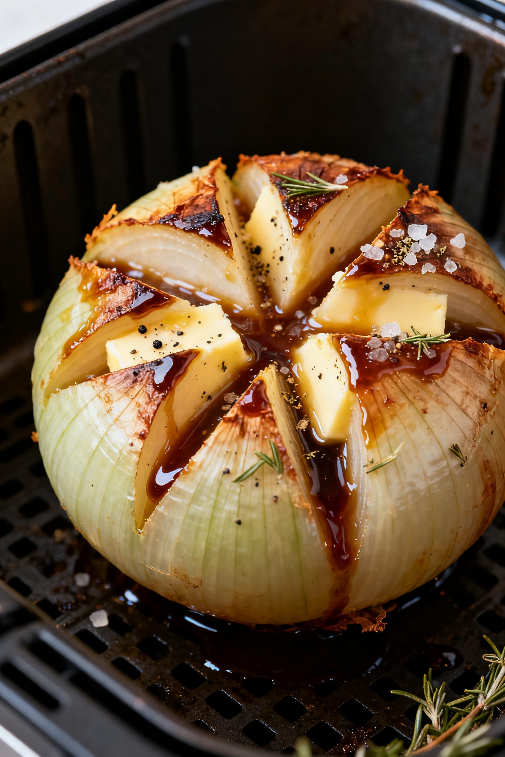 Close-up detail shot of air-fried whole onion just finished cooking in the basket at 375°F: onion u