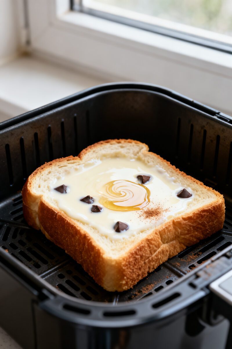 Close-up detail shot of air-fried yogurt toast just out of the basket at 350°F: custard set with a