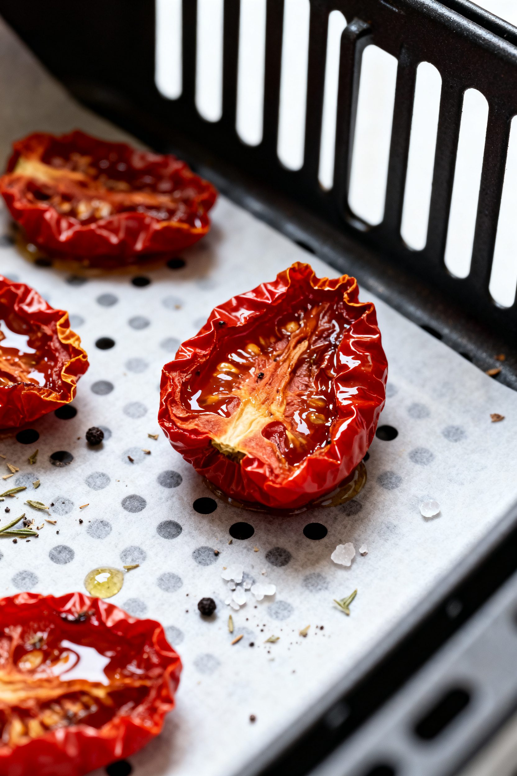 Close-up detail shot of air fryer sun dried tomatoes just finished cooking in the basket: deep red,