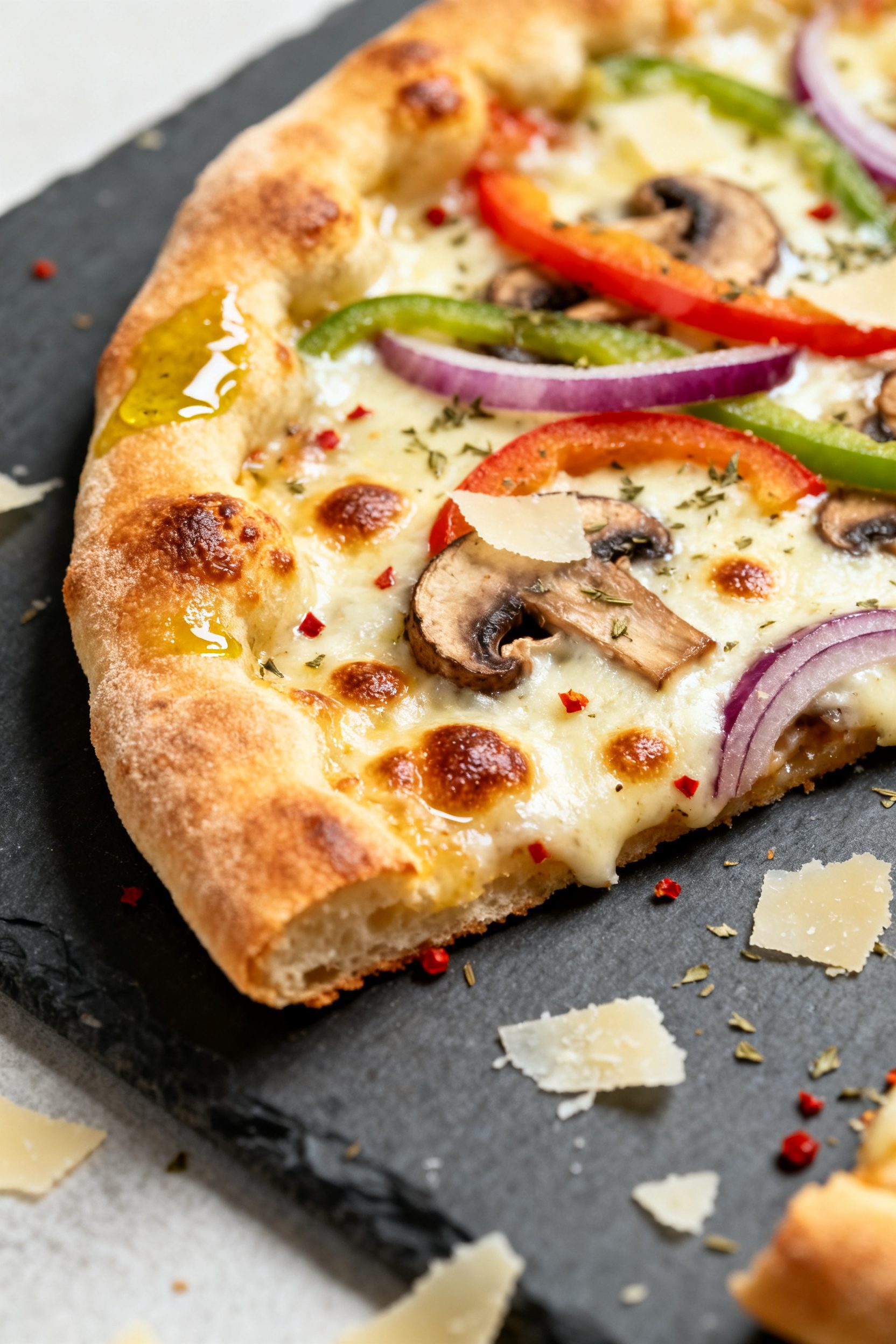 Close-up detail shot of an air-fried pita pizza edge just after cooking: golden, blistered, and crun