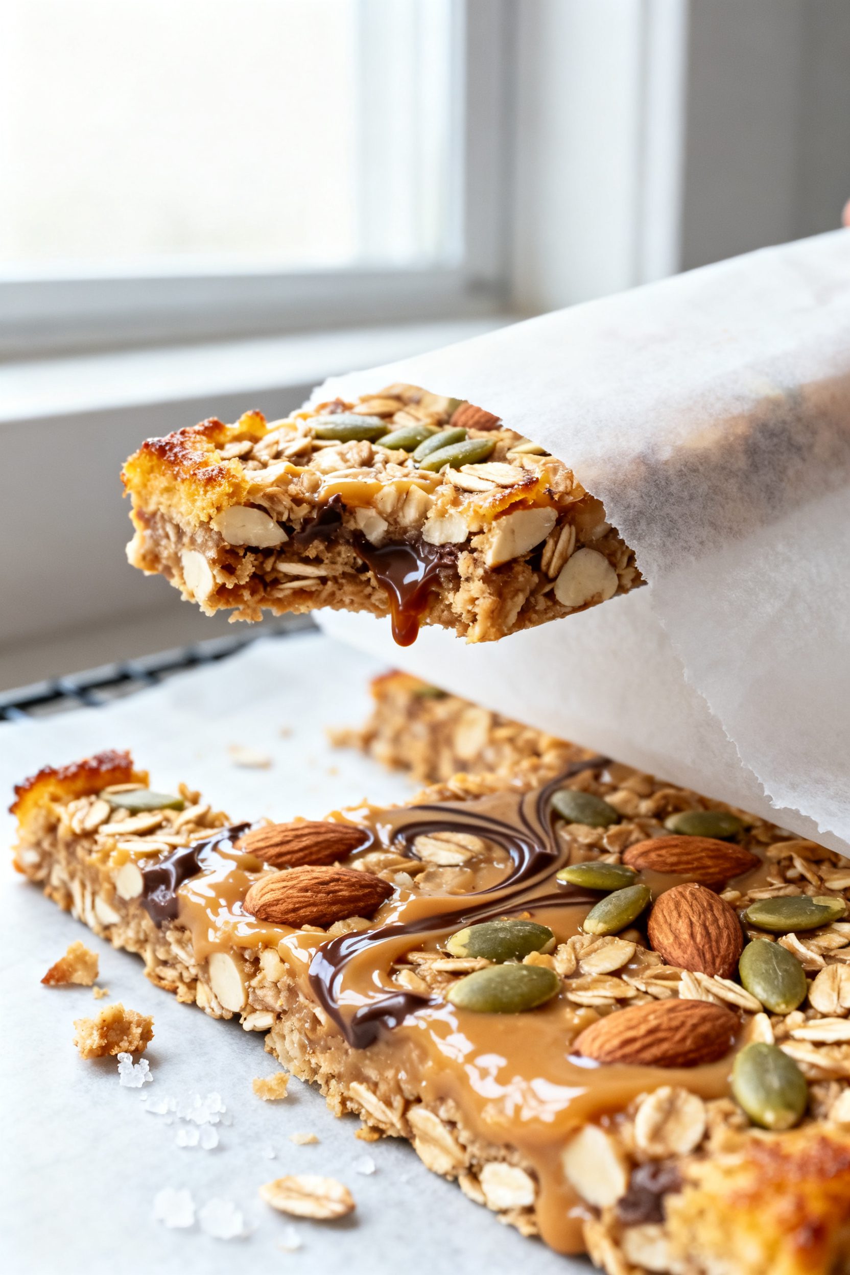 Close-up detail shot of freshly air-fried granola bar slab just lifted out with parchment, edges lig