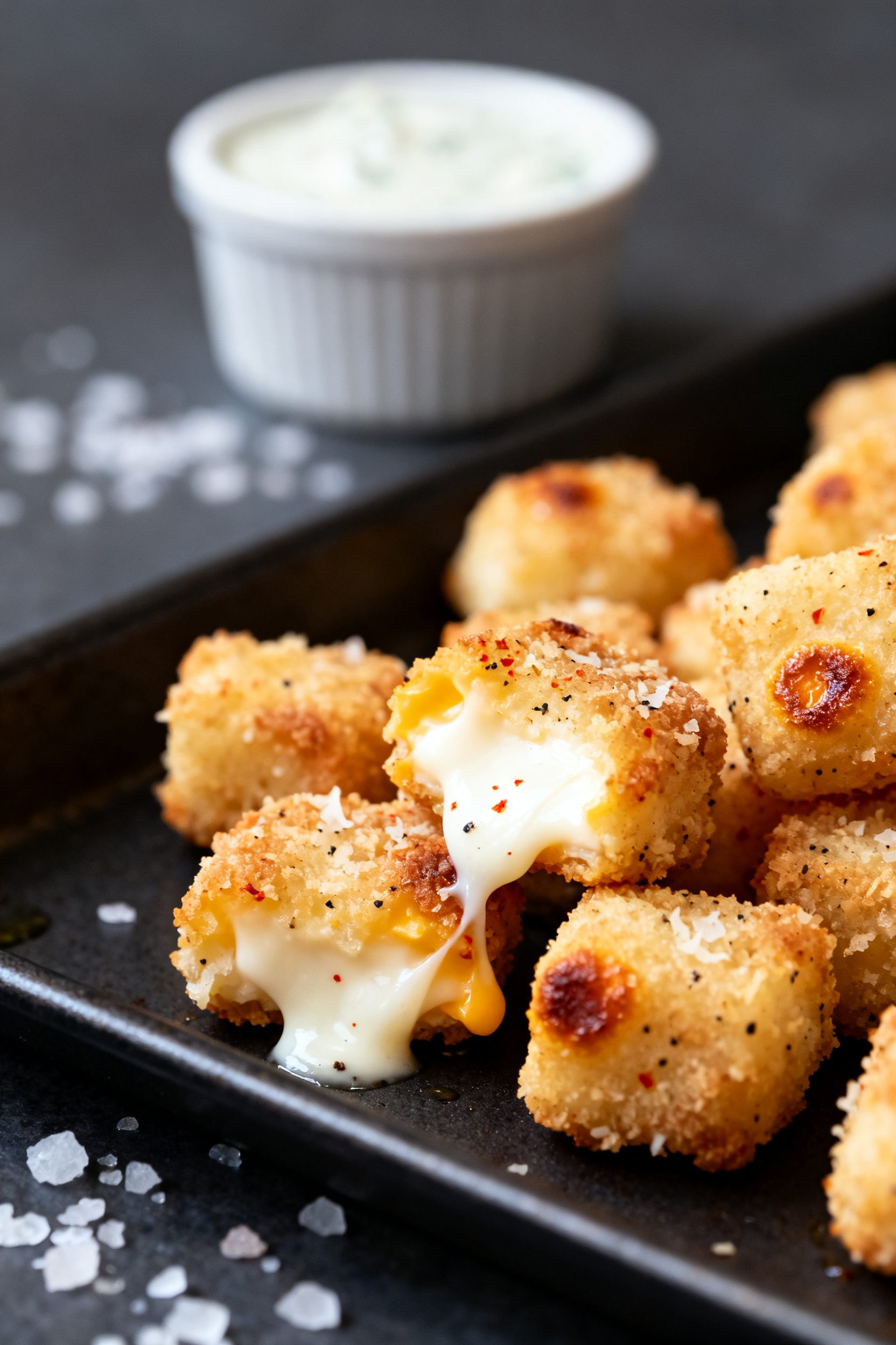 Close-up detail shot of freshly air-fried keto cheese curds just out of the basket, golden-brown cru