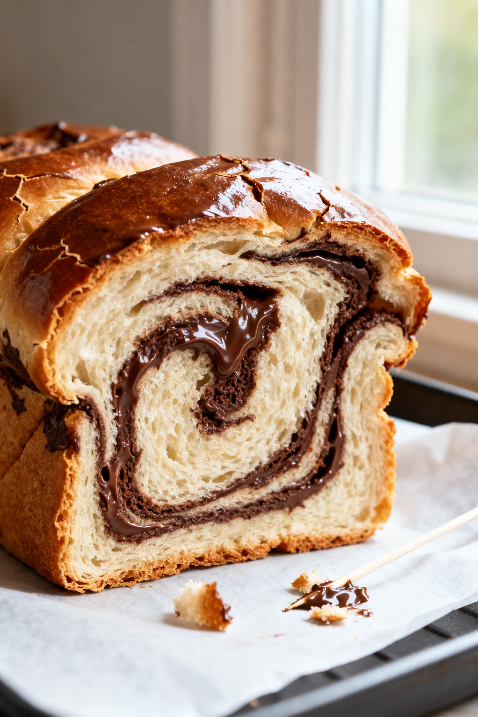 Close-up detail shot of freshly air-fried Nutella bread just out of the pan, showing glossy, distinc