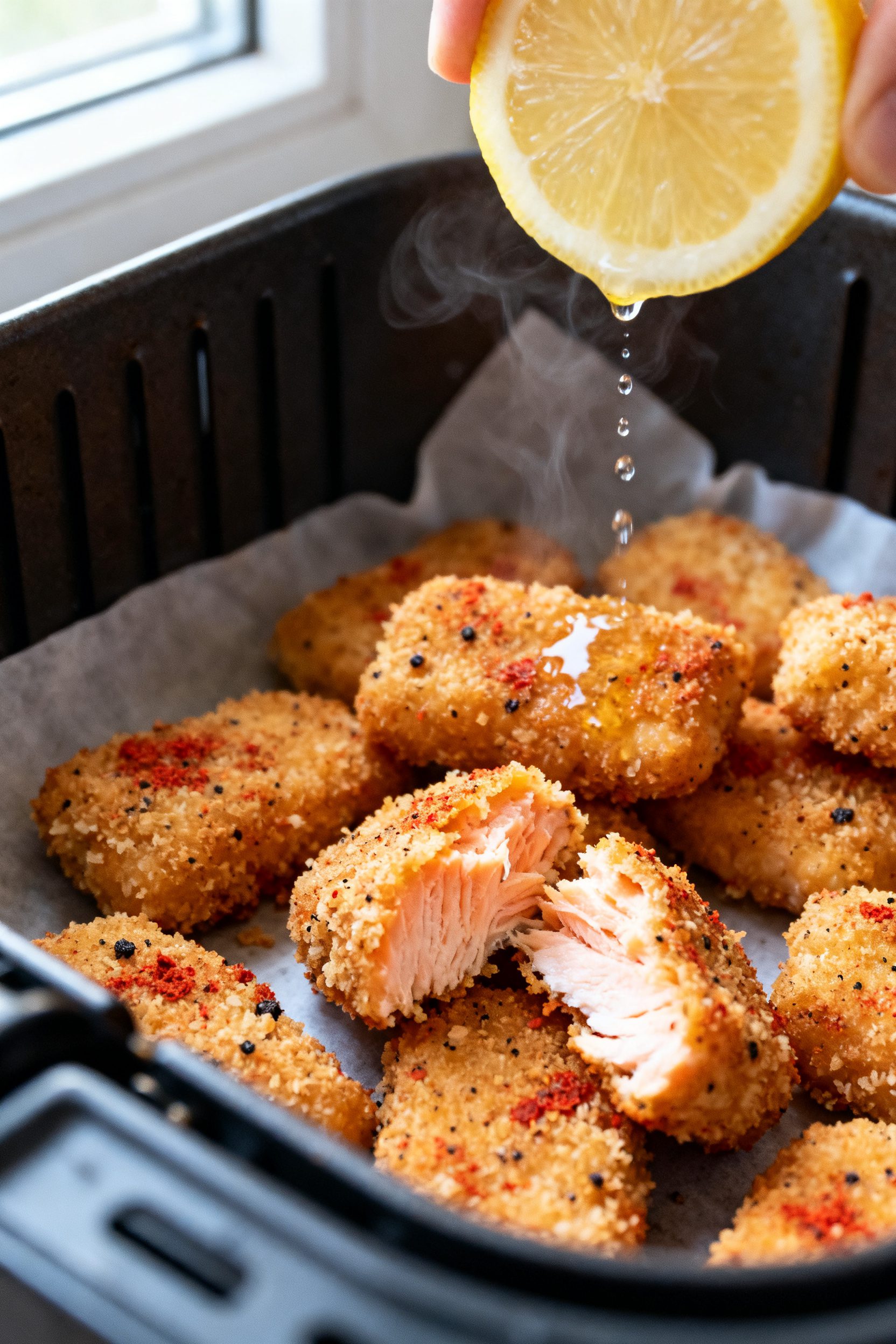 Close-up detail shot of golden-crisp air fryer salmon nuggets just out of the basket, coating visibl