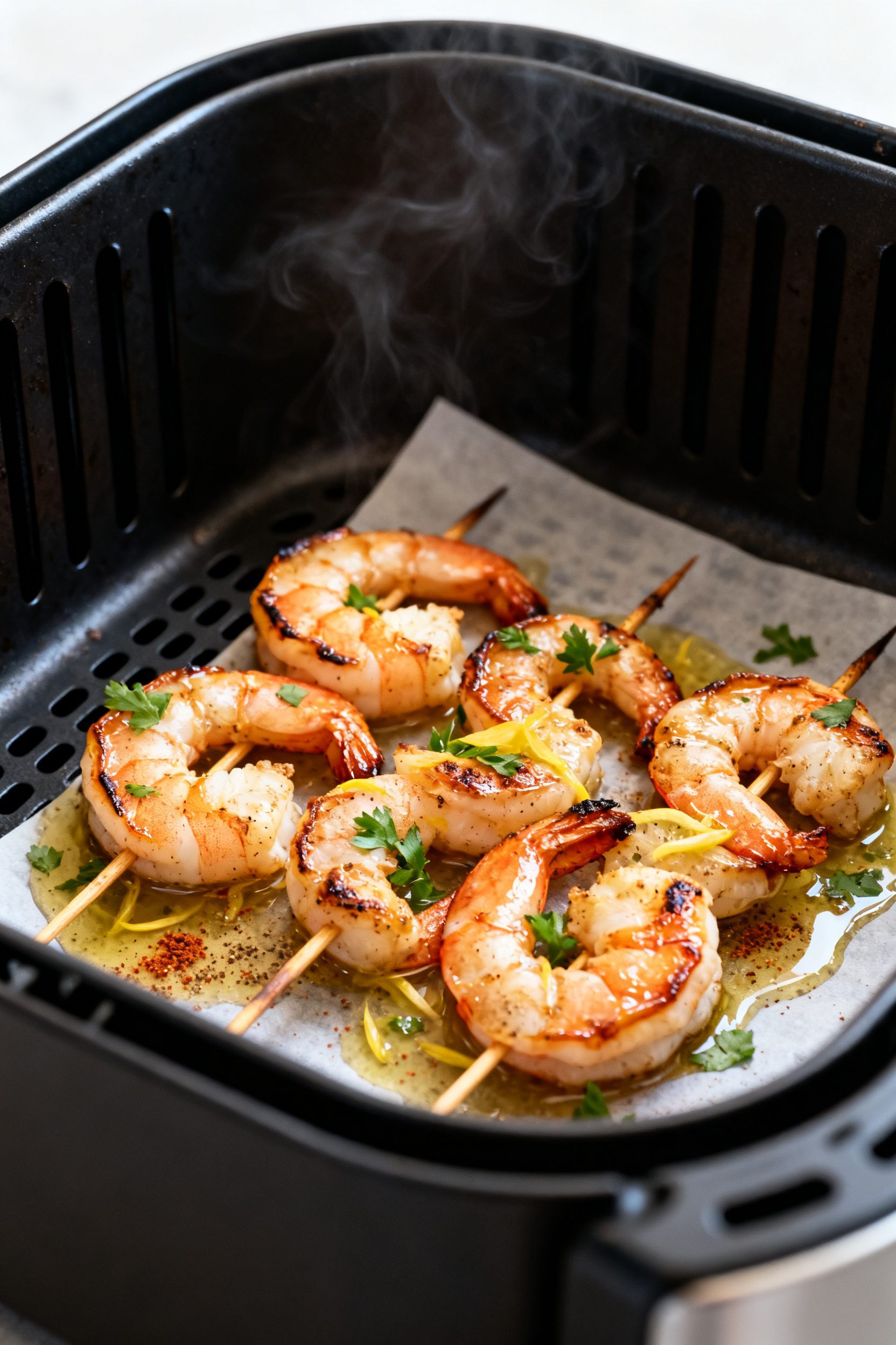 Close-up detail shot of perfectly cooked air fryer shrimp skewers just out of the basket: shrimp cur