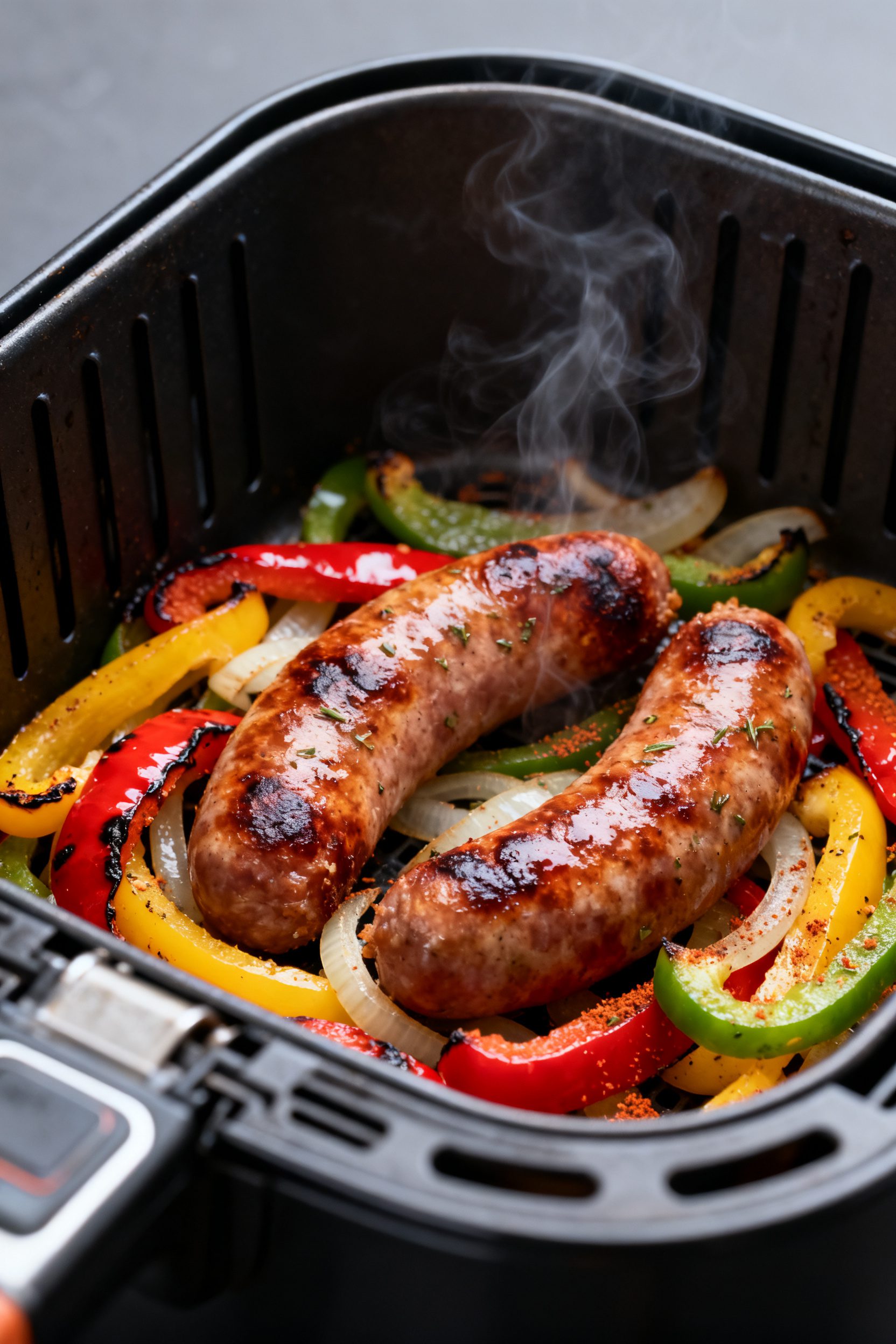 Close-up detail shot: Sizzling air-fried bratwurst nestled over caramelized bell pepper and onion st