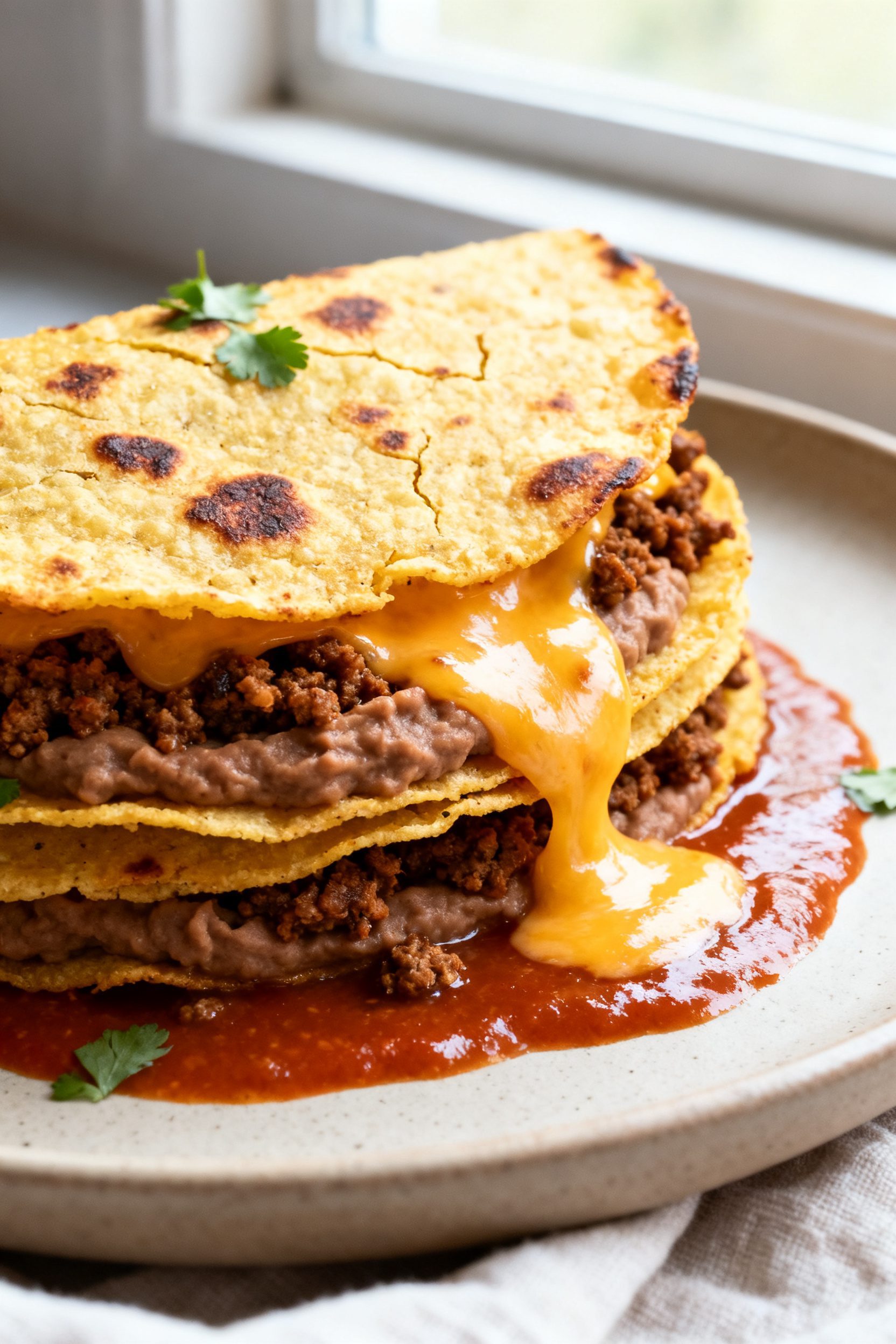 Close-up detail shot: Ultra-crispy, air-fried corn tortilla stack layered with warm refried beans an