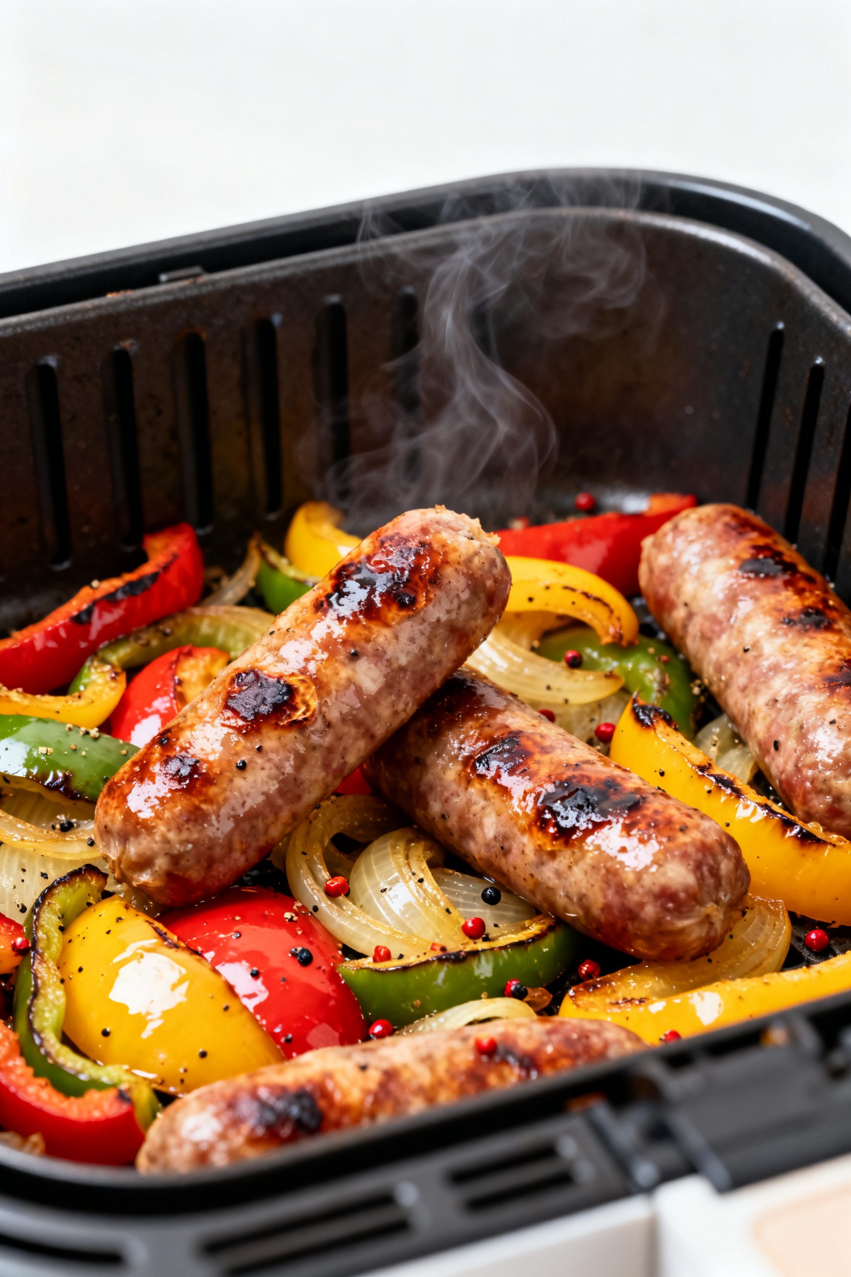 Close-up detail: Sizzling Italian sausage links nestled over caramelized bell peppers and onions in 