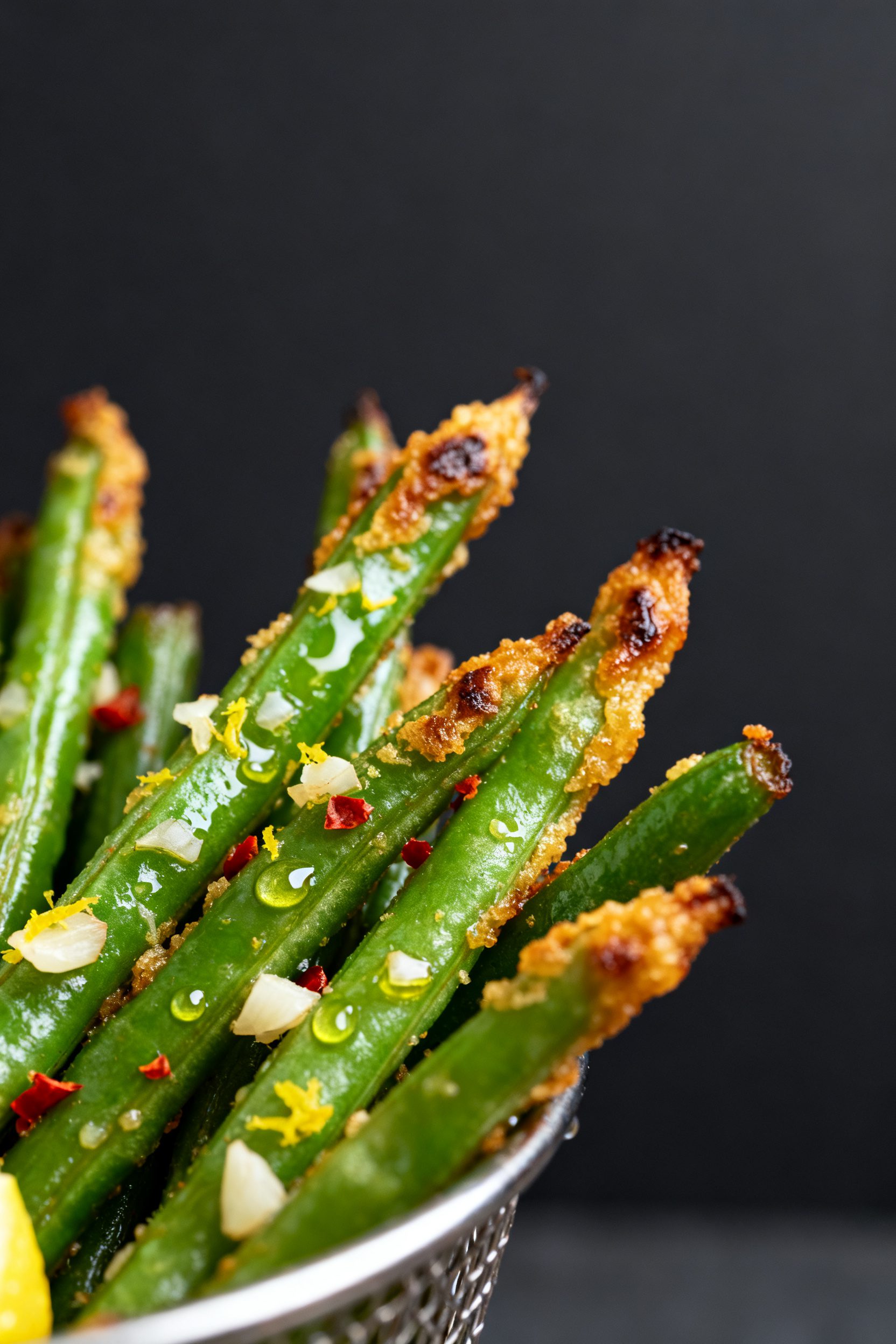 Close-up detail: Tender-crisp air-fried green beans just out of the basket, with blistered golden-br